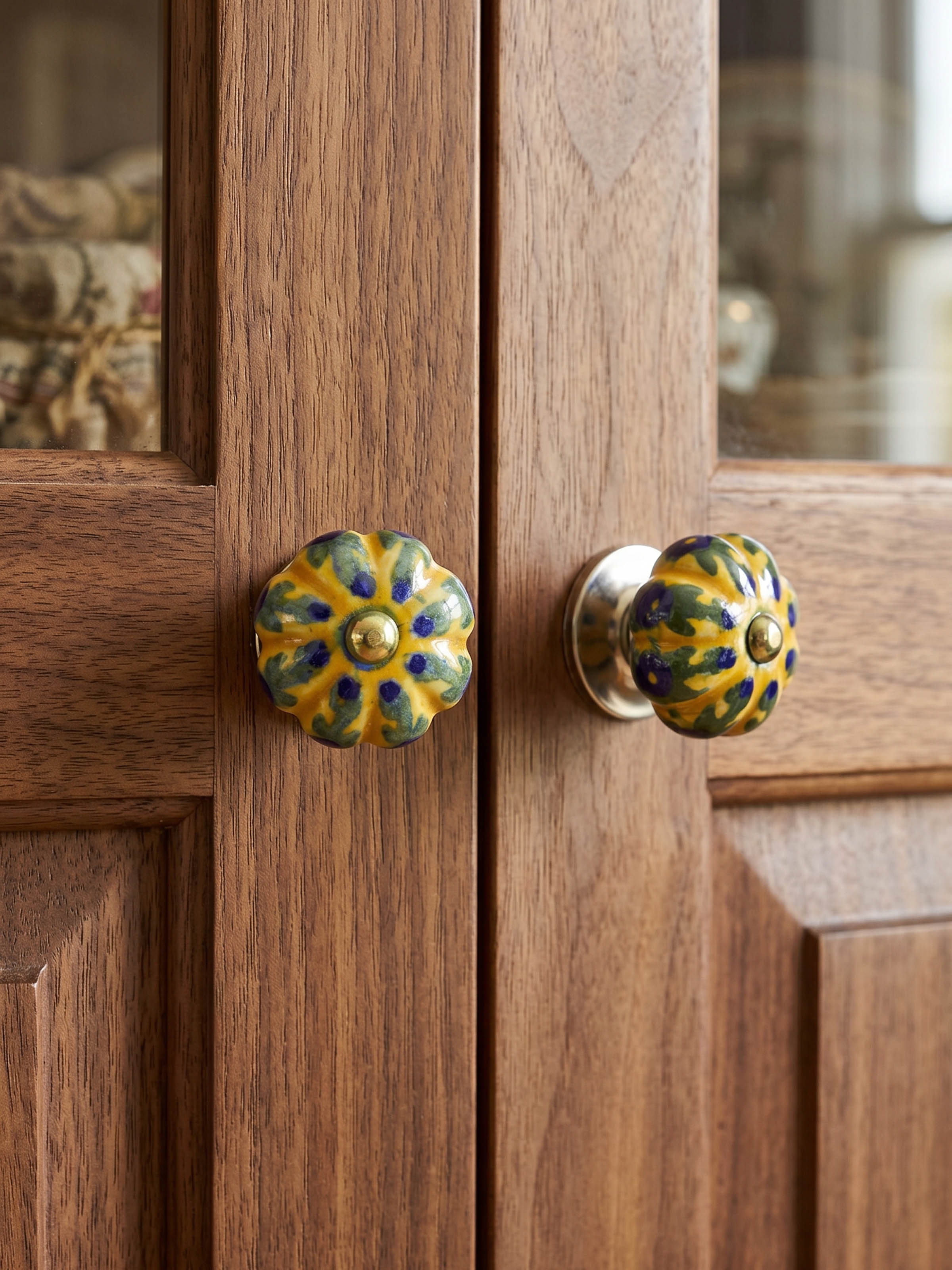 Blue Pottery Round Rib Door Knob Set