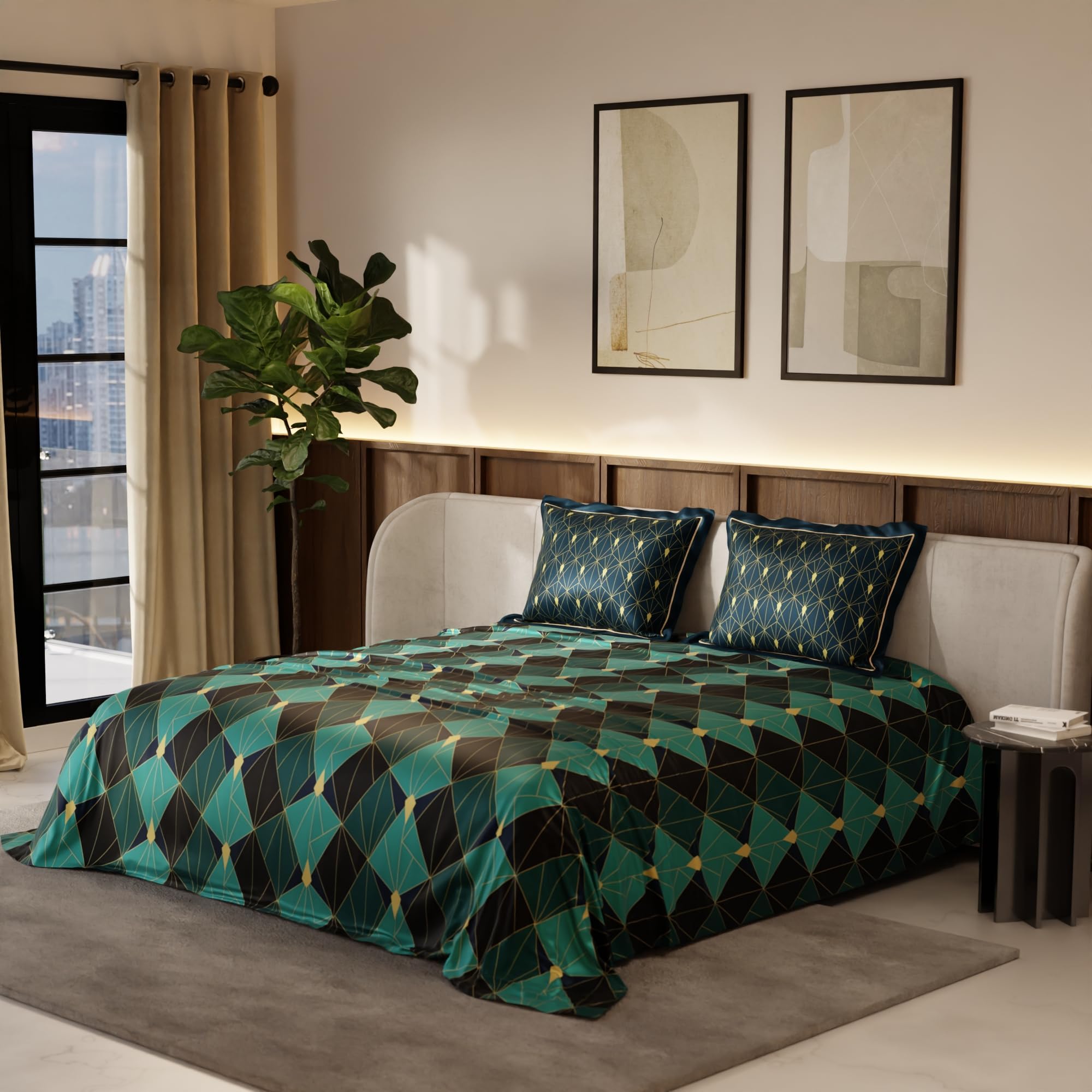 Stoa Paris Satin King Size Bedsheet with 2 Pillow Covers  Size Emerald Celebration - Stoa Paris