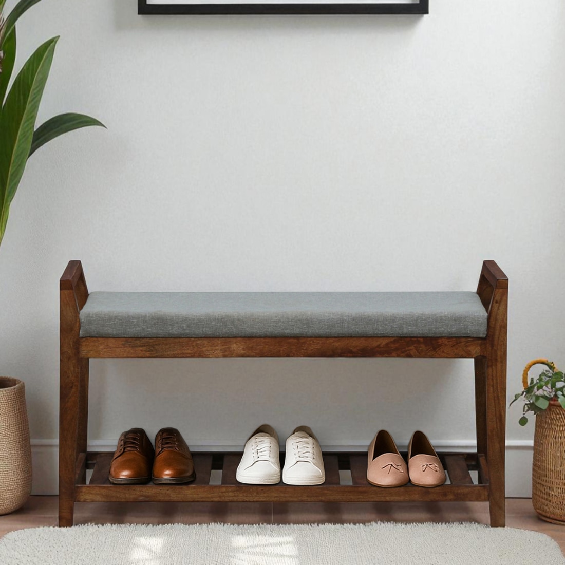Tonsberg Solid Wood Shoe Rack with Seating in Walnut Brown finish
