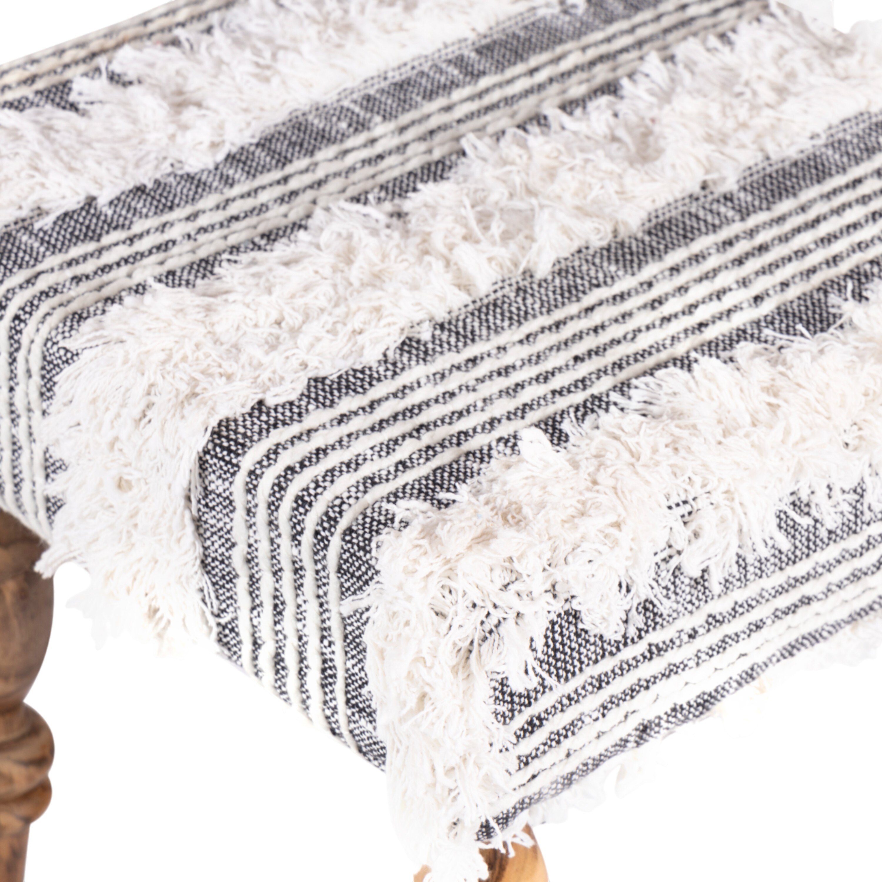 Lisbone Sheesham Wood Mid Century Square Set of 2 Stools in Grey Fabric   Fringes Upholstery