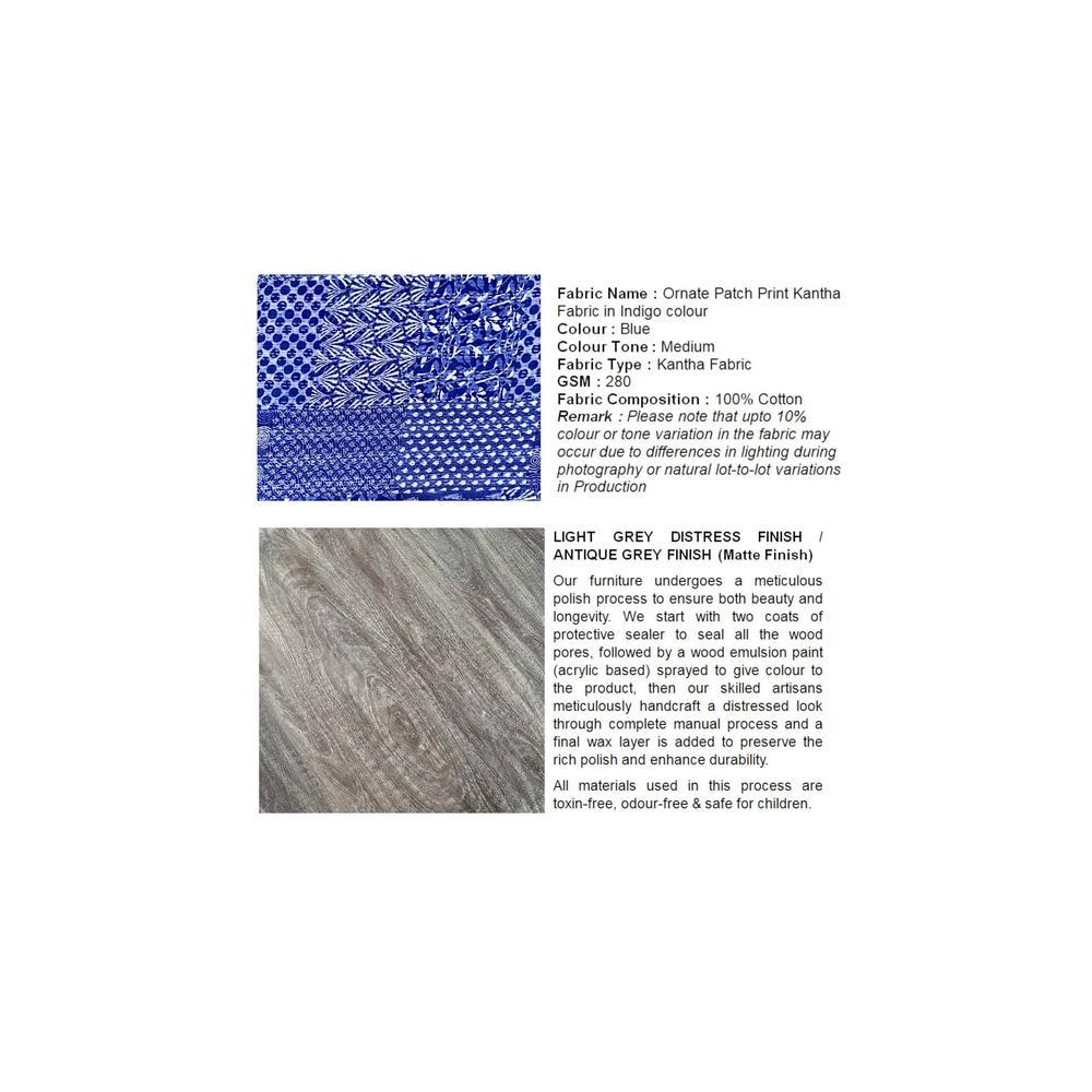 Nashville Sheesham Wood 4 Seater Coffee Table Set In Antique Grey Finish Indigo Patch Kantha Cushion