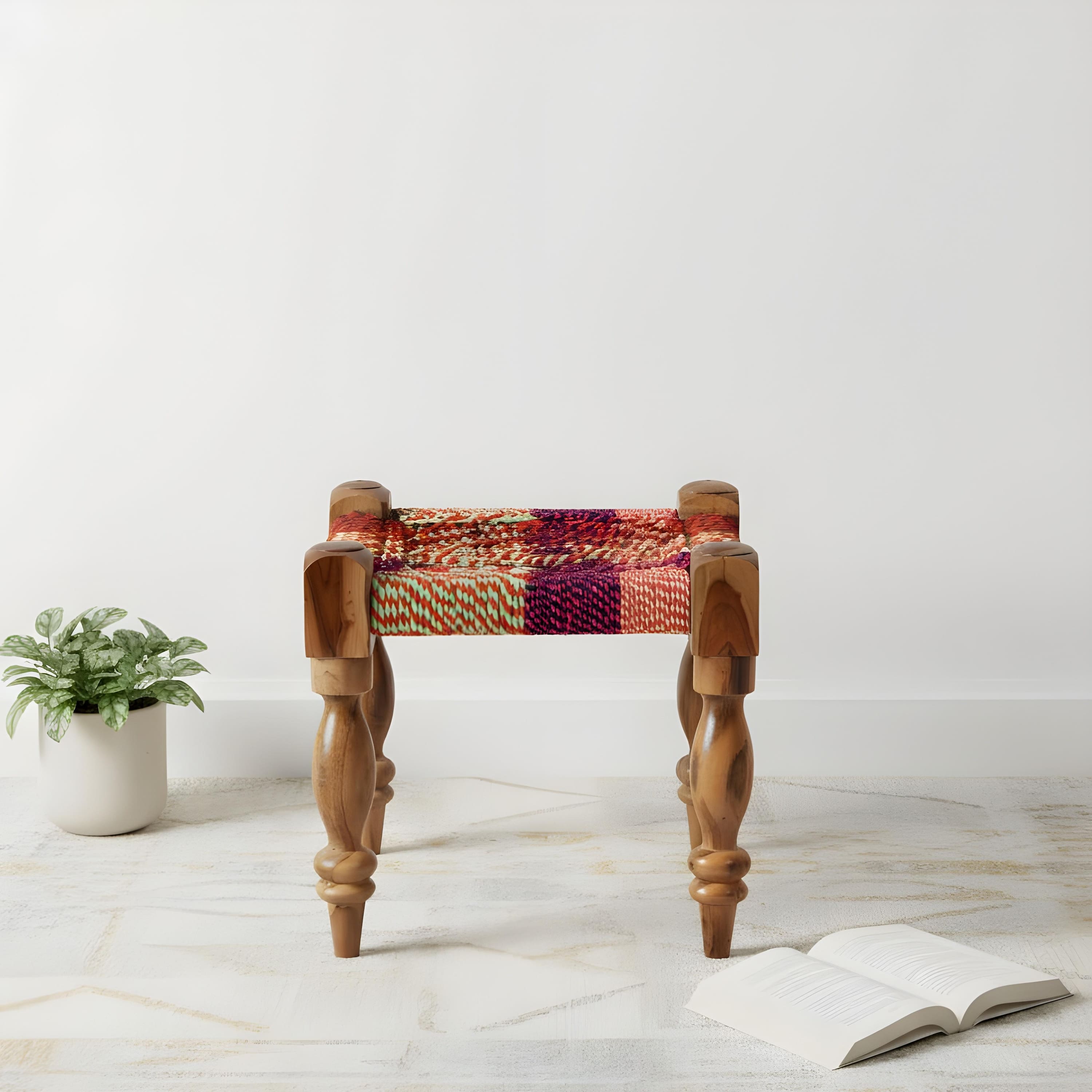 Riaza Sheesham Wood Maachi Stool in Assorted Multi-Colour Chindi Rope Canning
