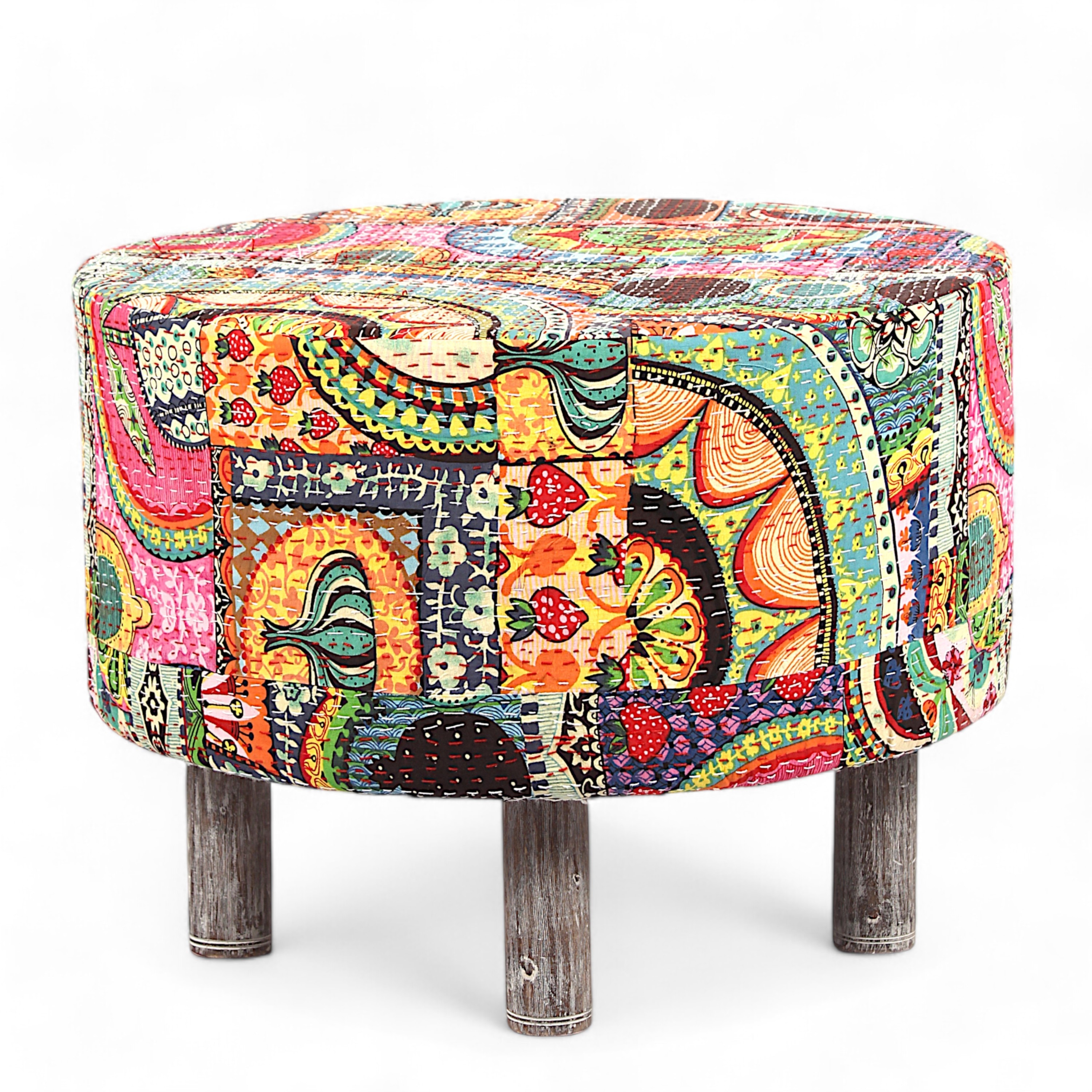 Rosslyn Solid Wood Ottoman Pouffee in Multi Colour Israel Print Kantha fabric