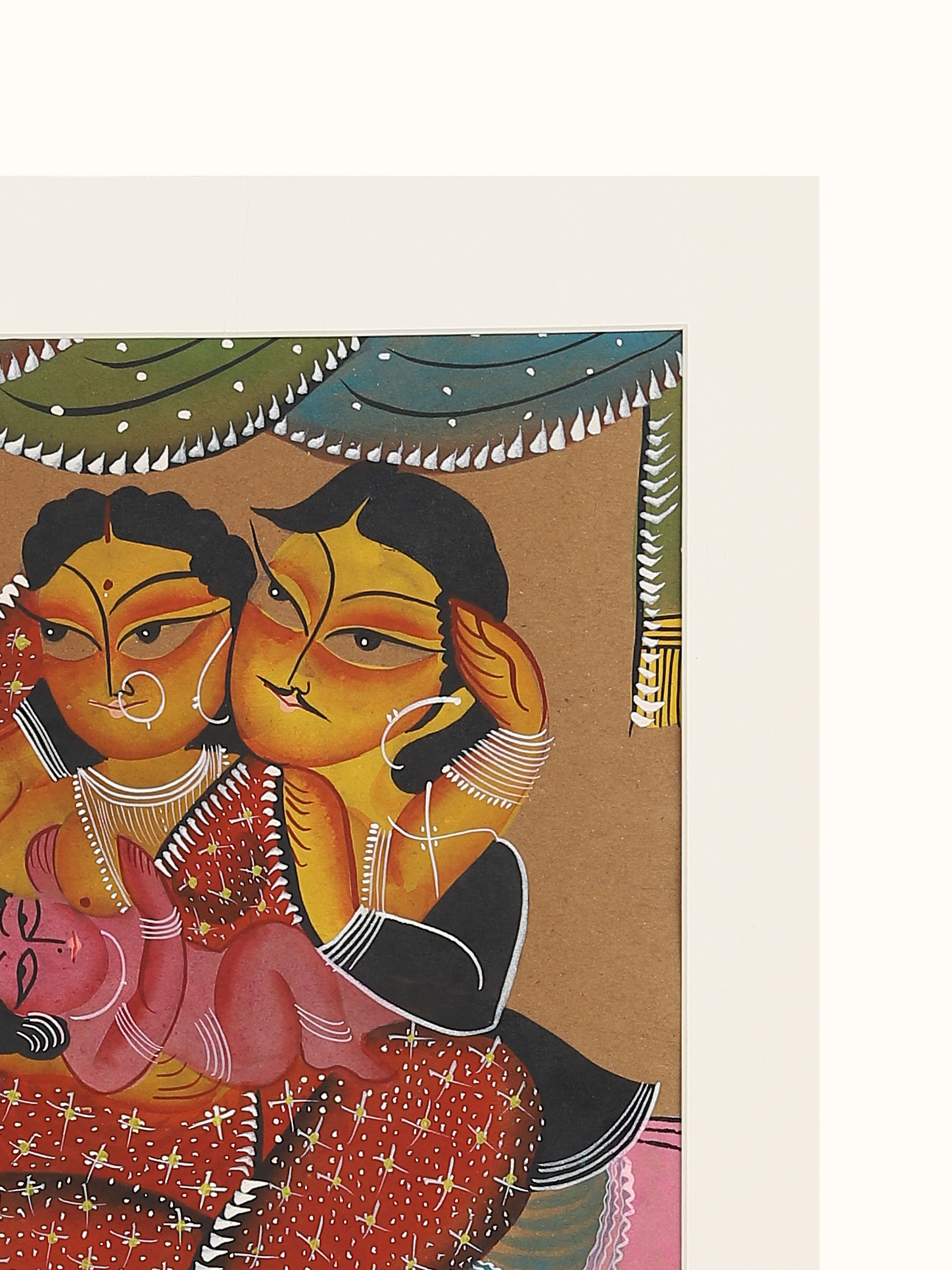 Detail shot of Babu culture Kalighat painting highlighting hand painted details