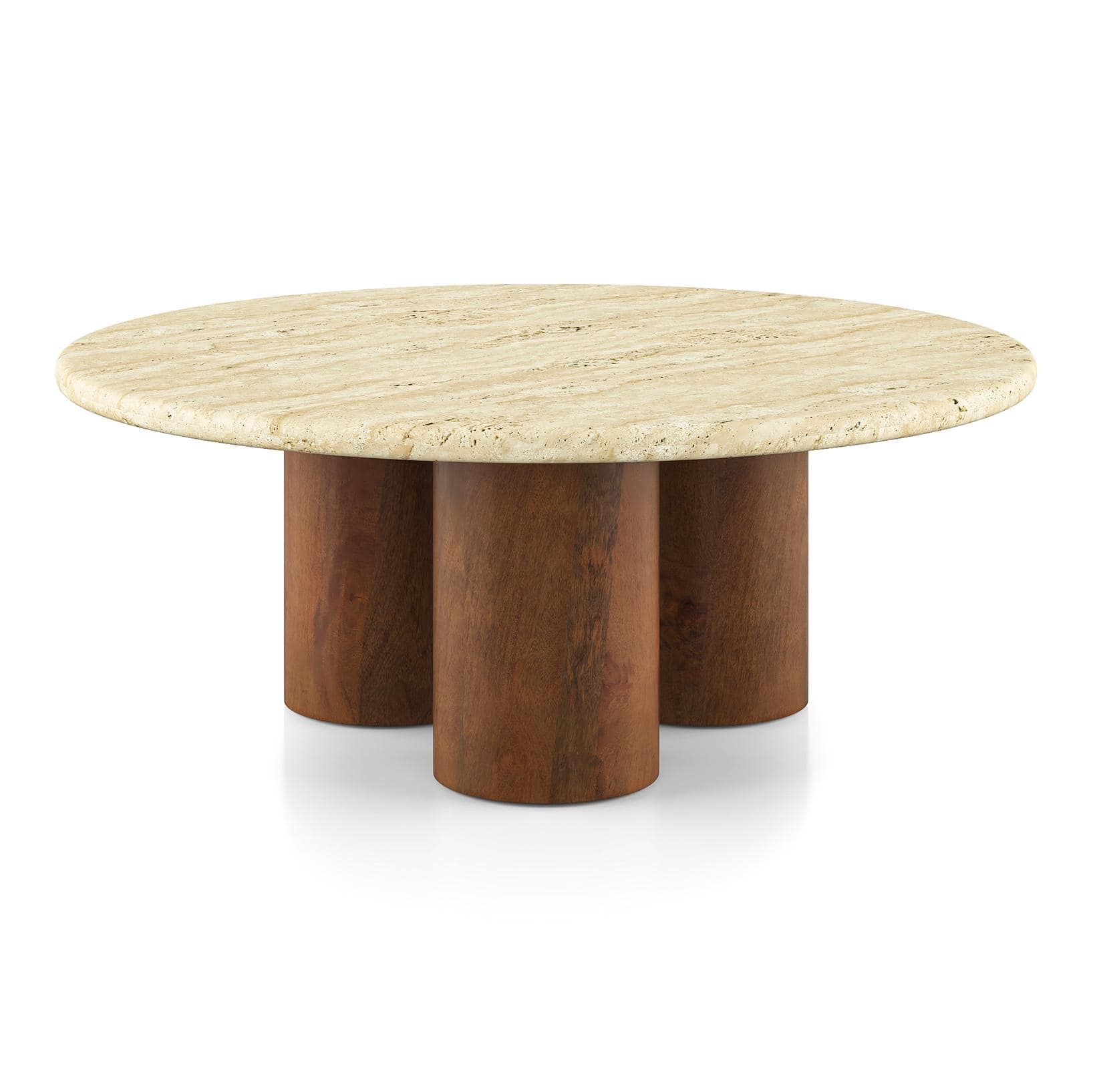 Enzo Nested Round Coffee Table In Travertine Marble And Solid Wood In Amber Walnut Finish