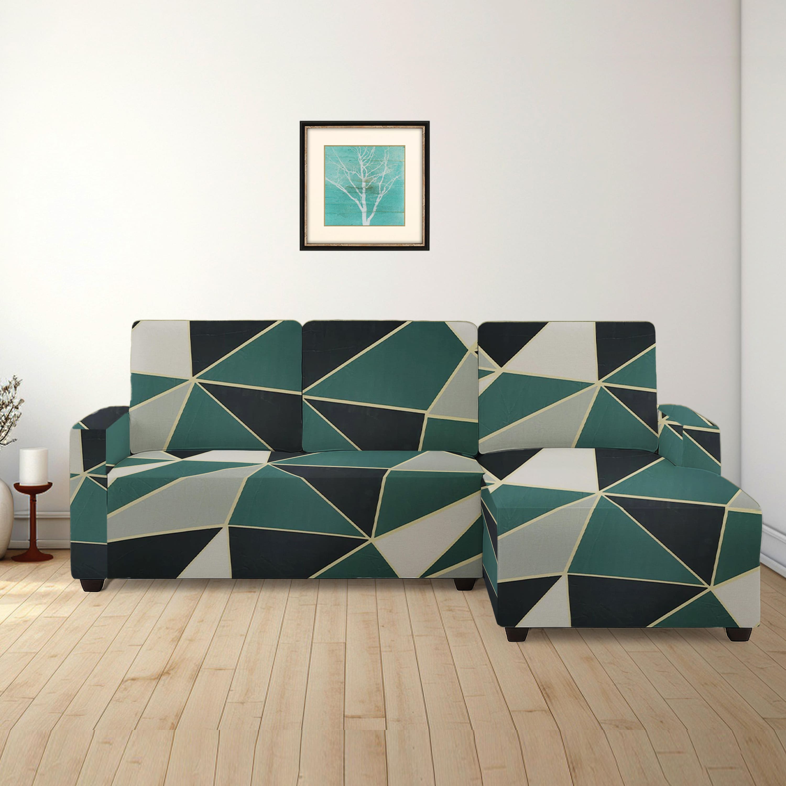 Right Aligned 2 Seater Right Aligned Chaise Green Triangles Sofa Cover
