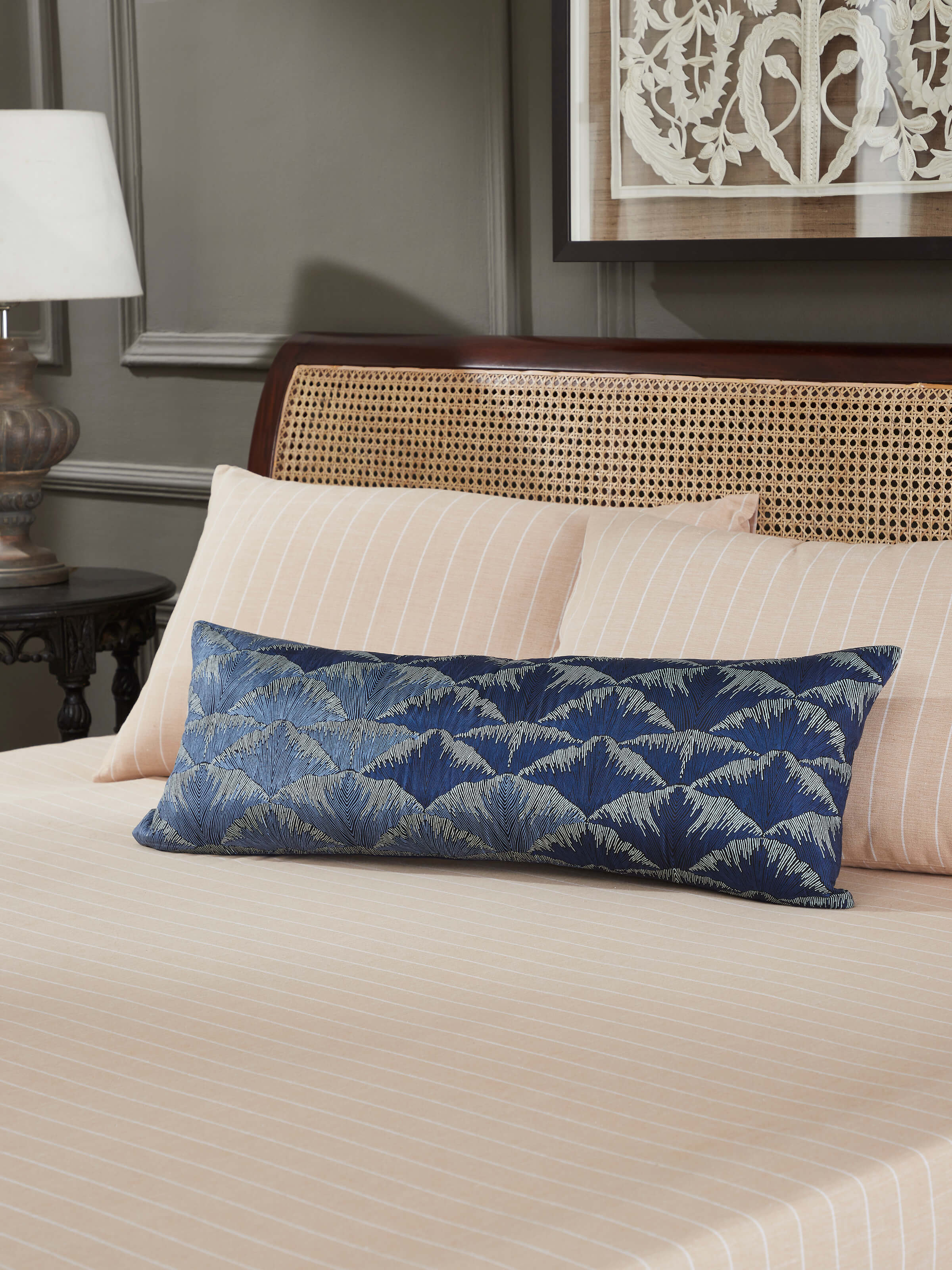 Parvat Indigo Ombre Silk Sanganeri Hand Block Printed Lumbar Cushion Cover