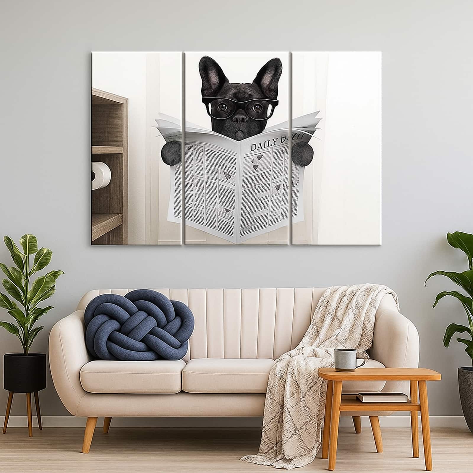 Truss Pcs Grey Black Funny Bathroom French Bulldog Canvas Wall Prints Set of 3 Multicolor Matte