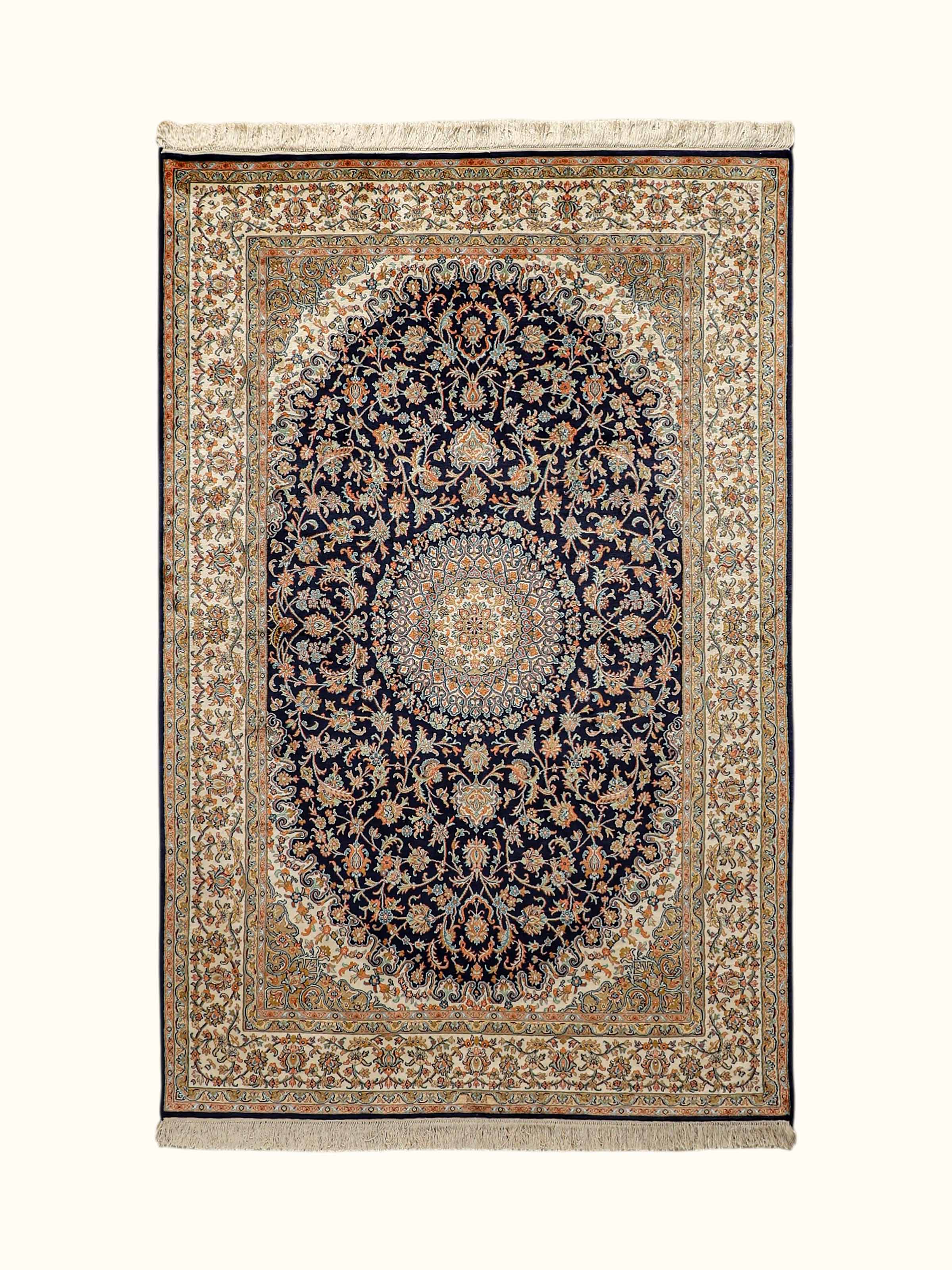 Traditional Persian Navy Ivory Isfahan Kashmir Silk Hand-Knotted Carpet