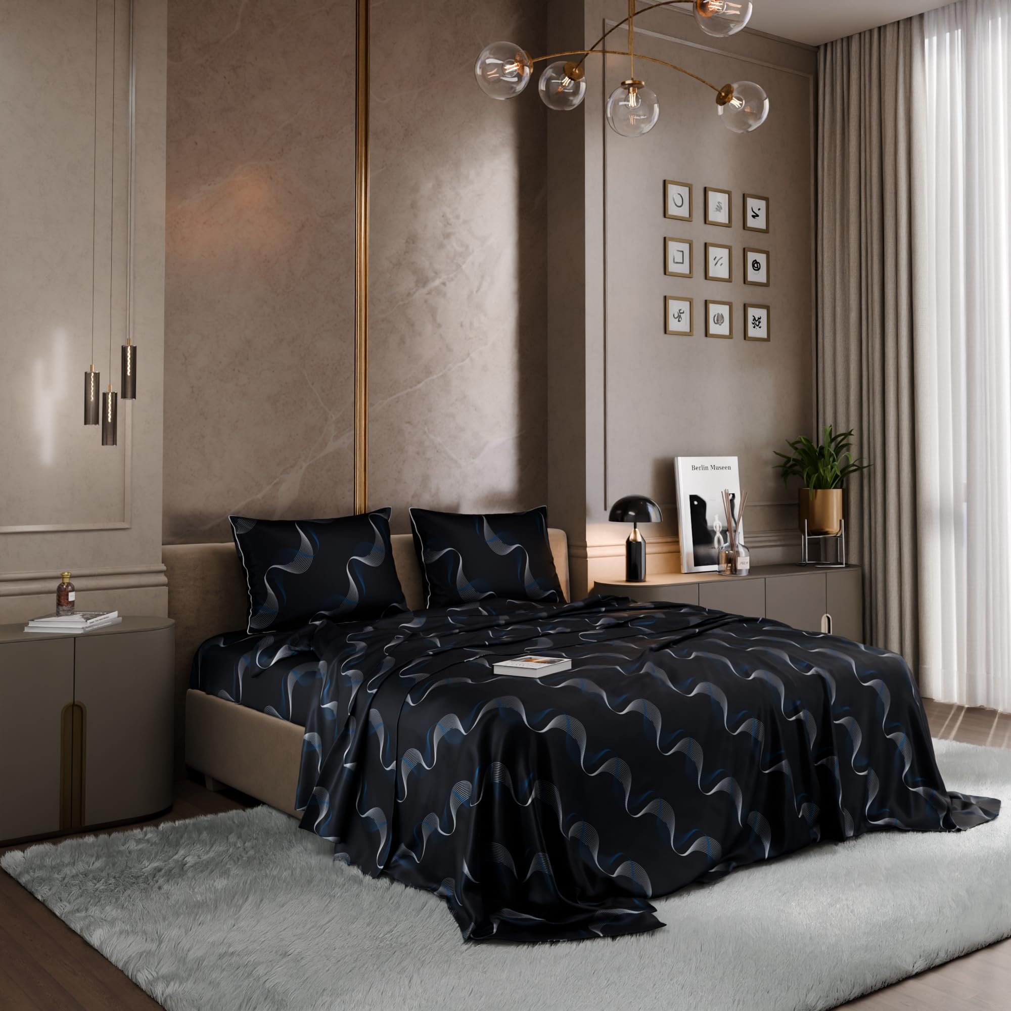 Stoa Paris Satin King Size Bedsheet with 2 Pillow Covers  Size Twilight Rhapsody Teal - Stoa Paris