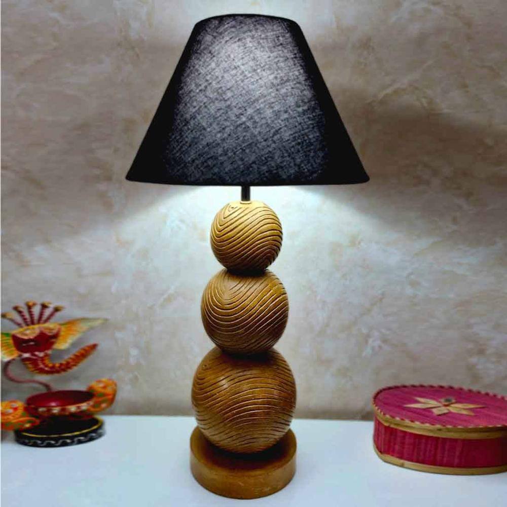 Eisner Handmade Natural Wooden Table Lamp with ball over ball design with Cotton Black shade