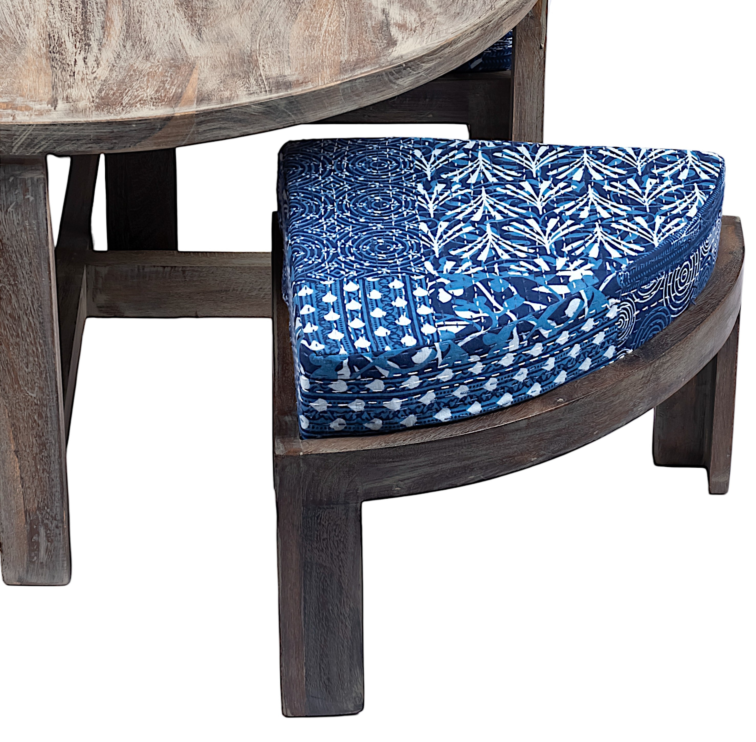 Nashville Sheesham Wood 4 Seater Coffee Table Set In Antique Grey Finish Indigo Patch Kantha Cushion