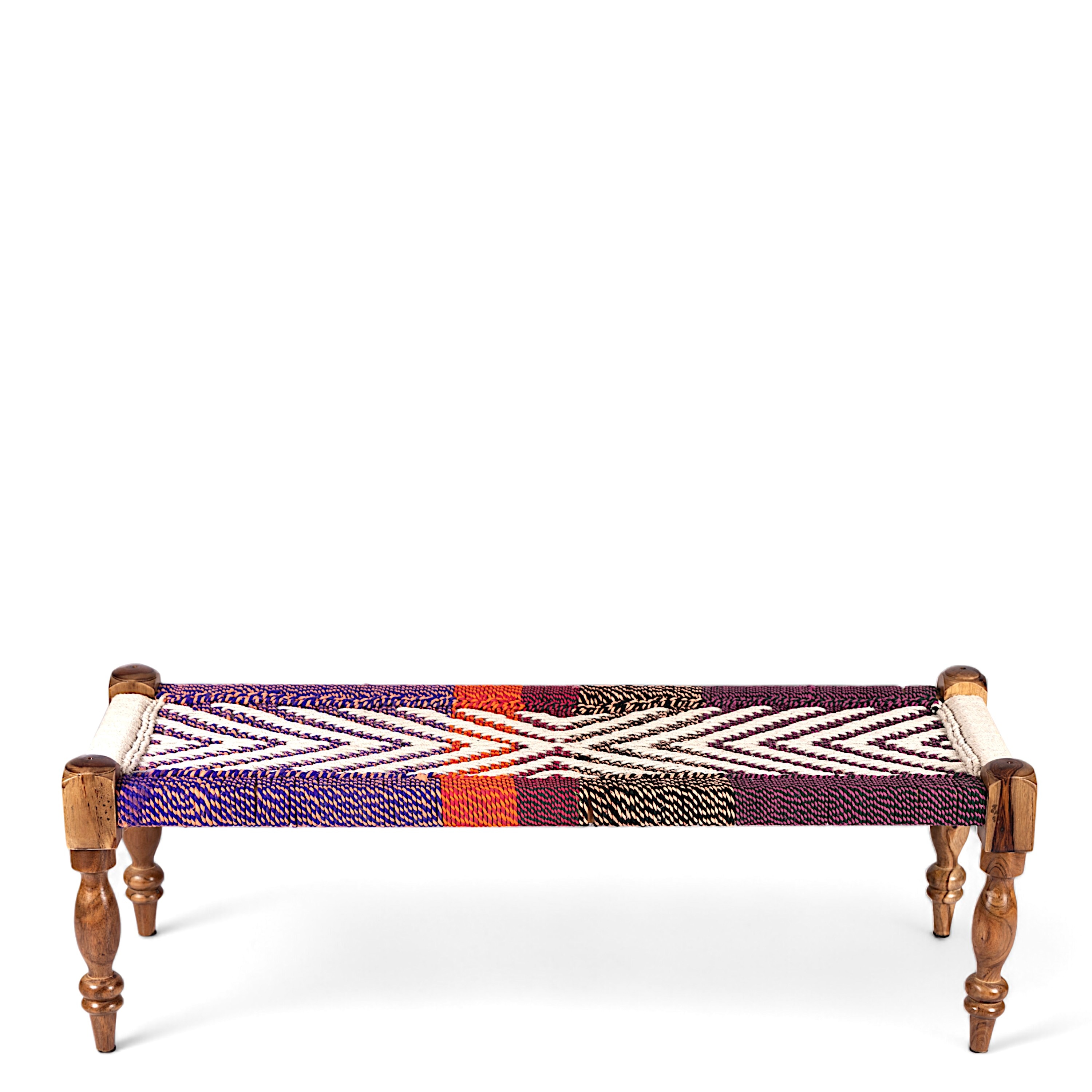Hamilton Sheesham Wood 2 Seater Maachi Bench In Assorted Multi-Colour Chindi & White Rope Canning