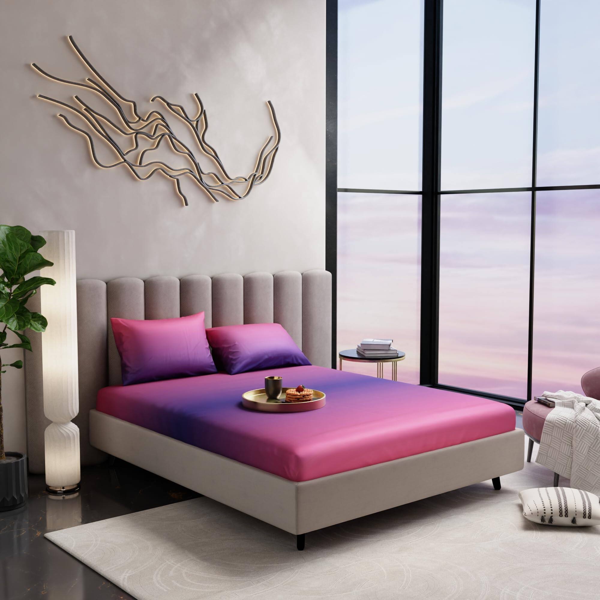 Stoa Paris 300TC UltrSatin King Bedsheet Set Satin King Pink Indigo - Stoa Paris
