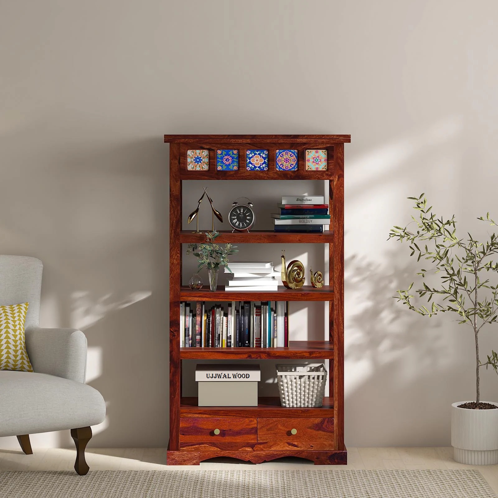 Sheesham Solid Wood  Bookshelf in Honey Oak Finish - Ujjwal Wood