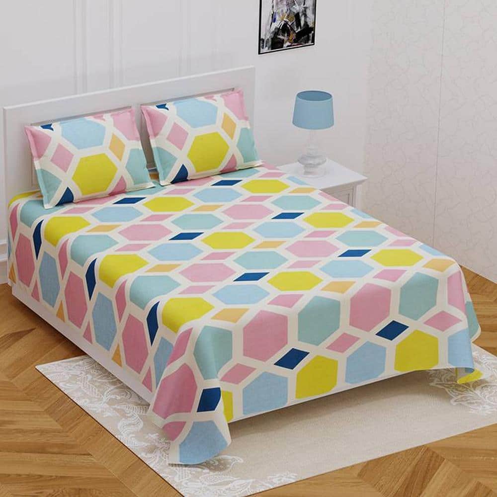 Mickael Cream Abstract 180 TC Cotton Double Size Bedsheet with 2 Pillow Covers