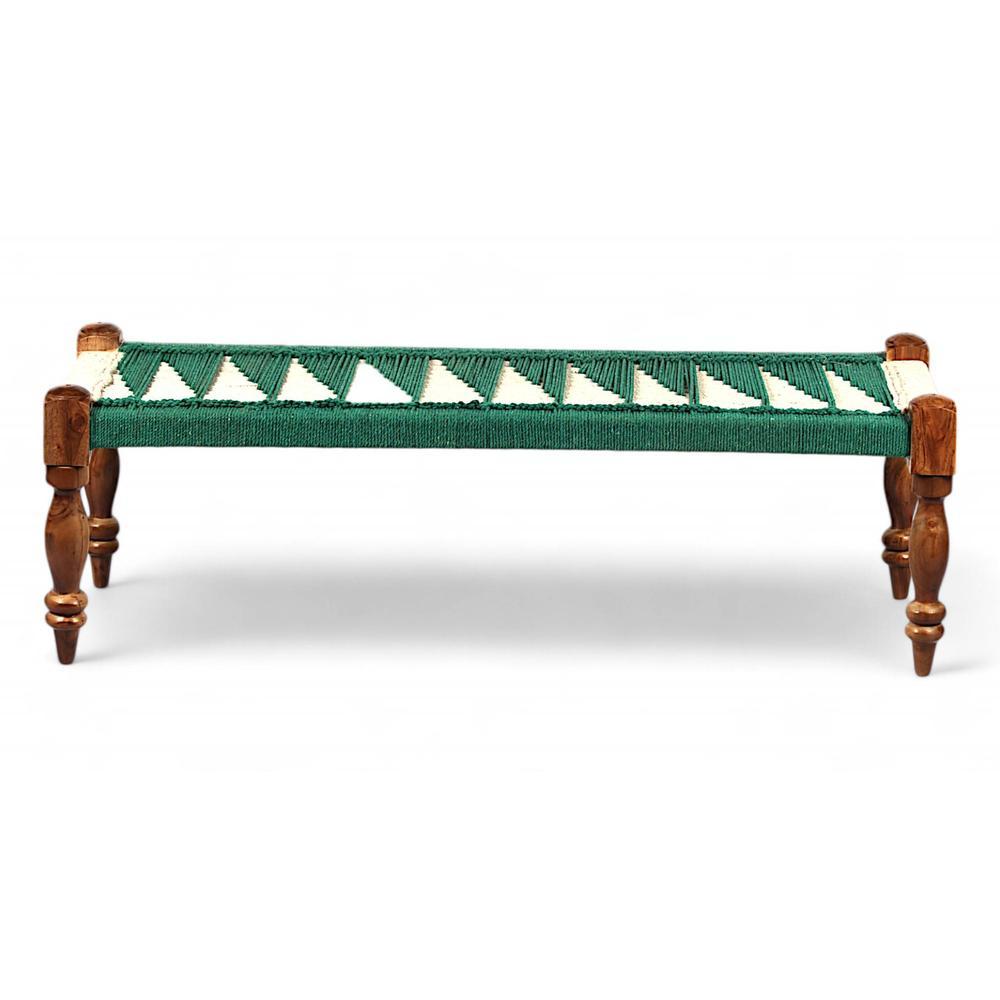 Hamilton Sheesham Wood Maachi Bench Set With 2 Stools In Green & White Rope Canning