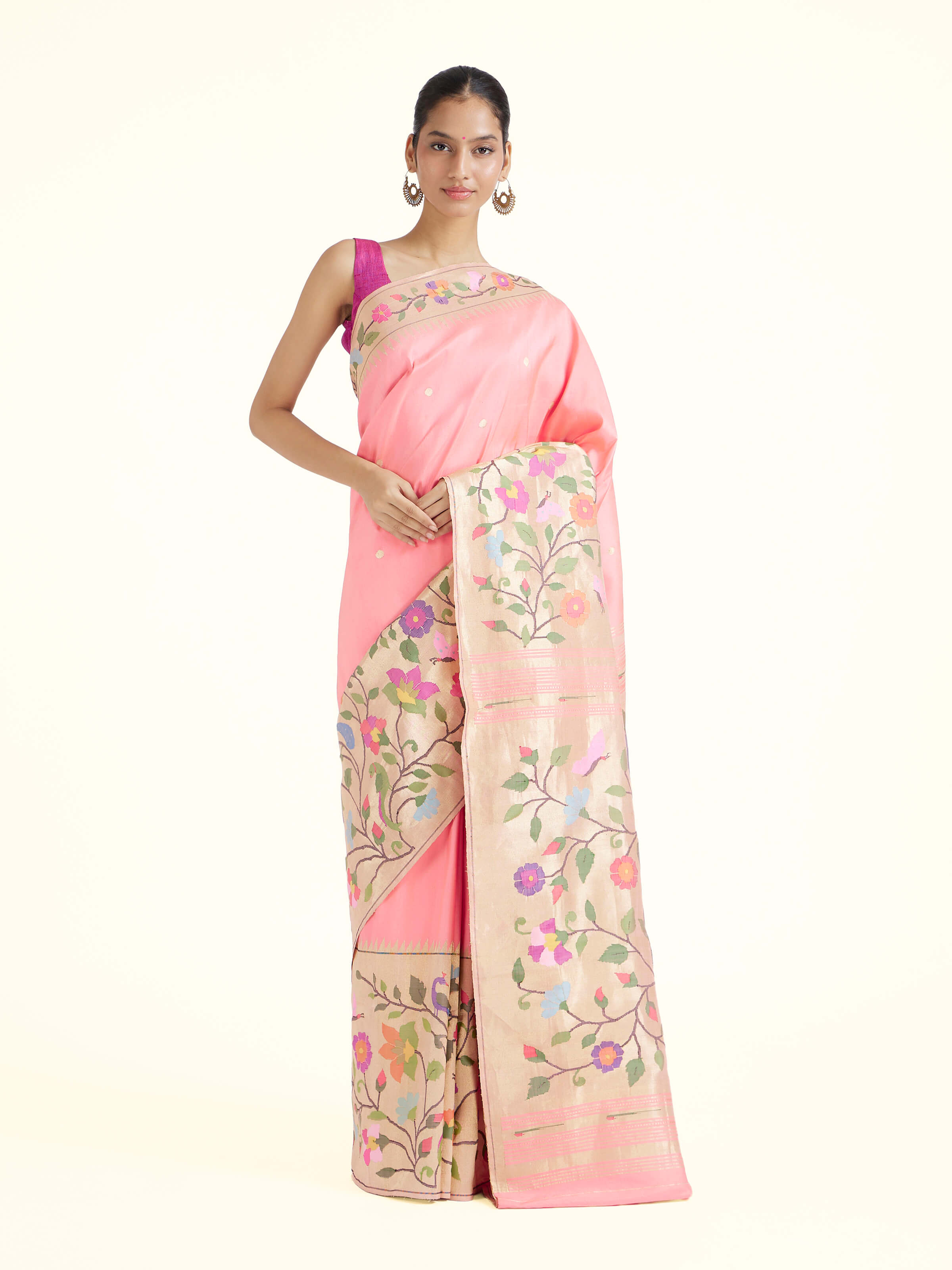 Front view of pink silk Paithani saree with traditional motifs