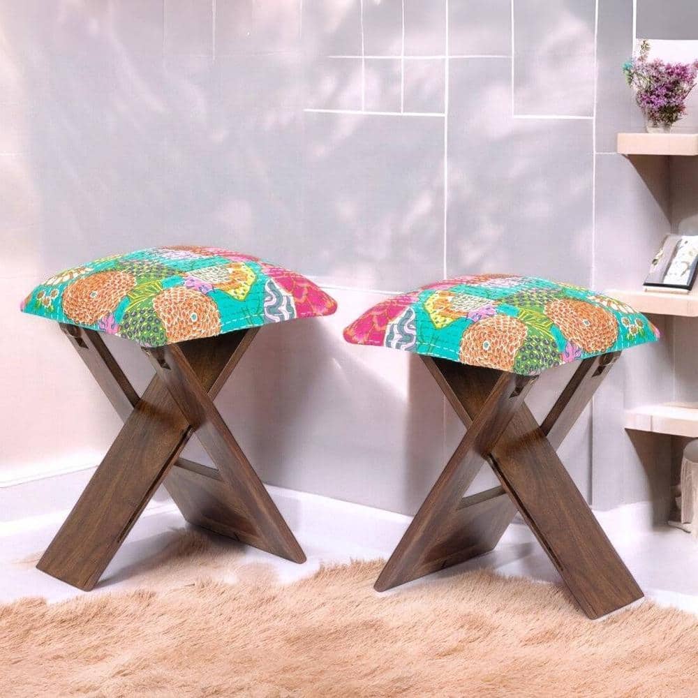 Dayton Sheesham Wood Mid Century Square Set of 2   Stools in Sea Green Fruit Print Kantha Upholstery