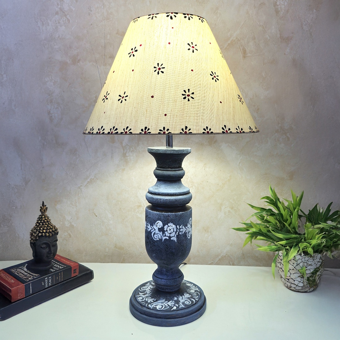 Pillar Dotted Stone Grey Beige Wooden Table Lamp in Grey