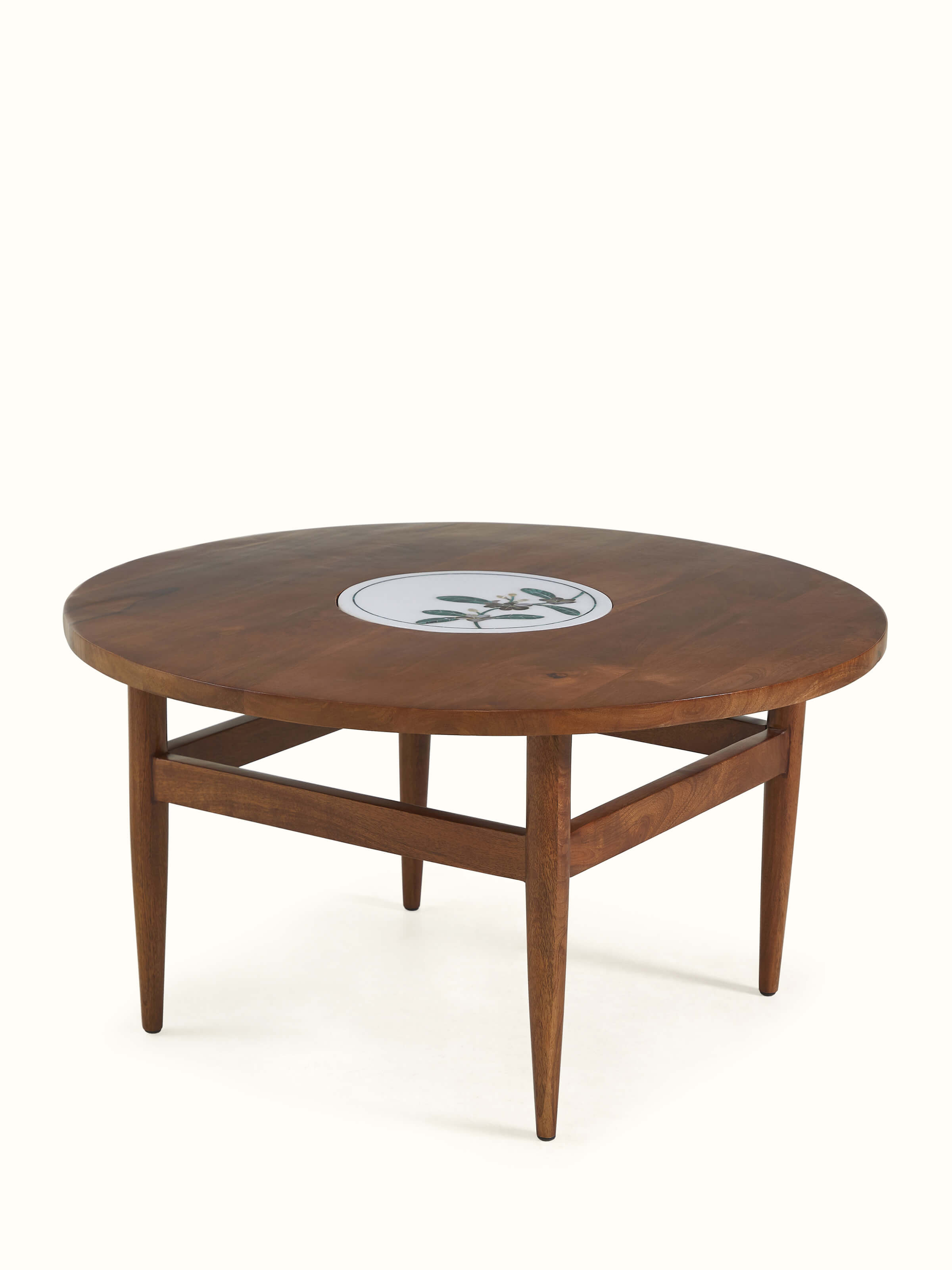 Angled view of Pacchikari Marble Walnut Finish Round Coffee Table