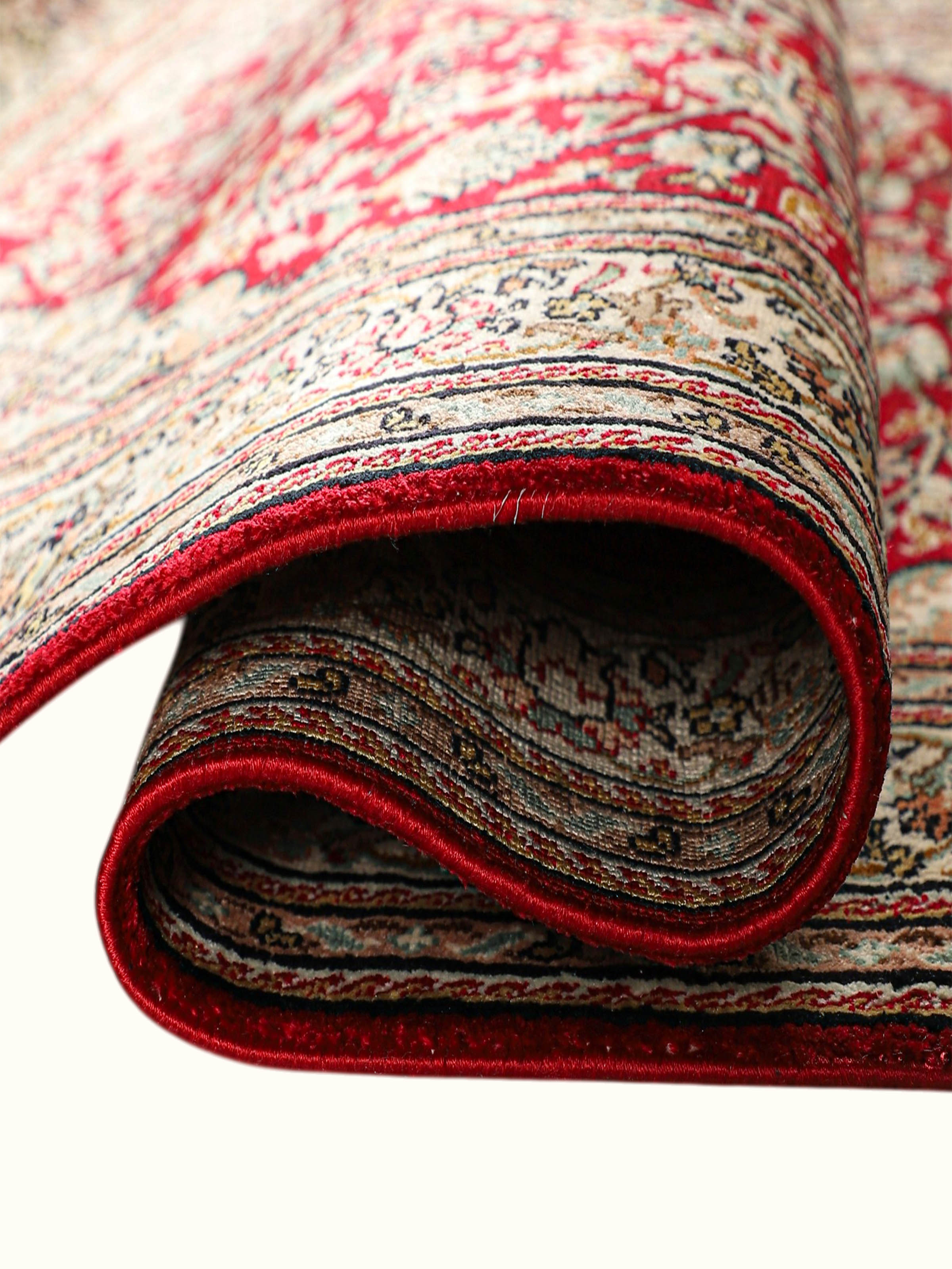 Traditional Persian Red Ivory Kashan Kashmir Silk Hand-Knotted Carpet