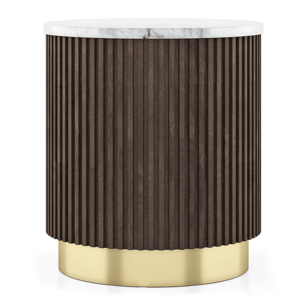 Aurora Round White Marble and Solid Wood Side Table in Java Walnut finish