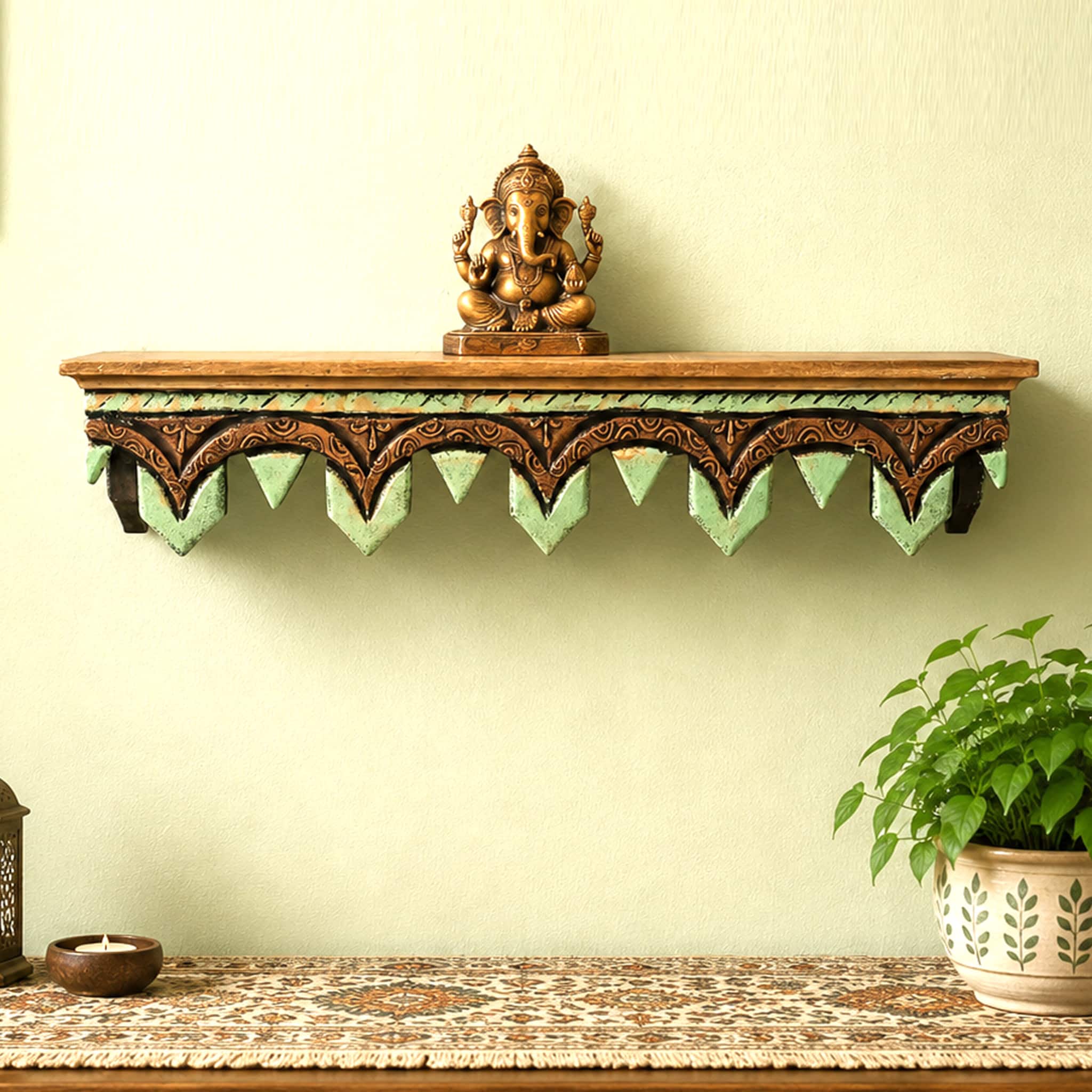 Multishade Colour Solid Wood Handcarved Vistara Dvaita Floating Wall Shelf with distres finish by DisooFashions - Disoo Fashions