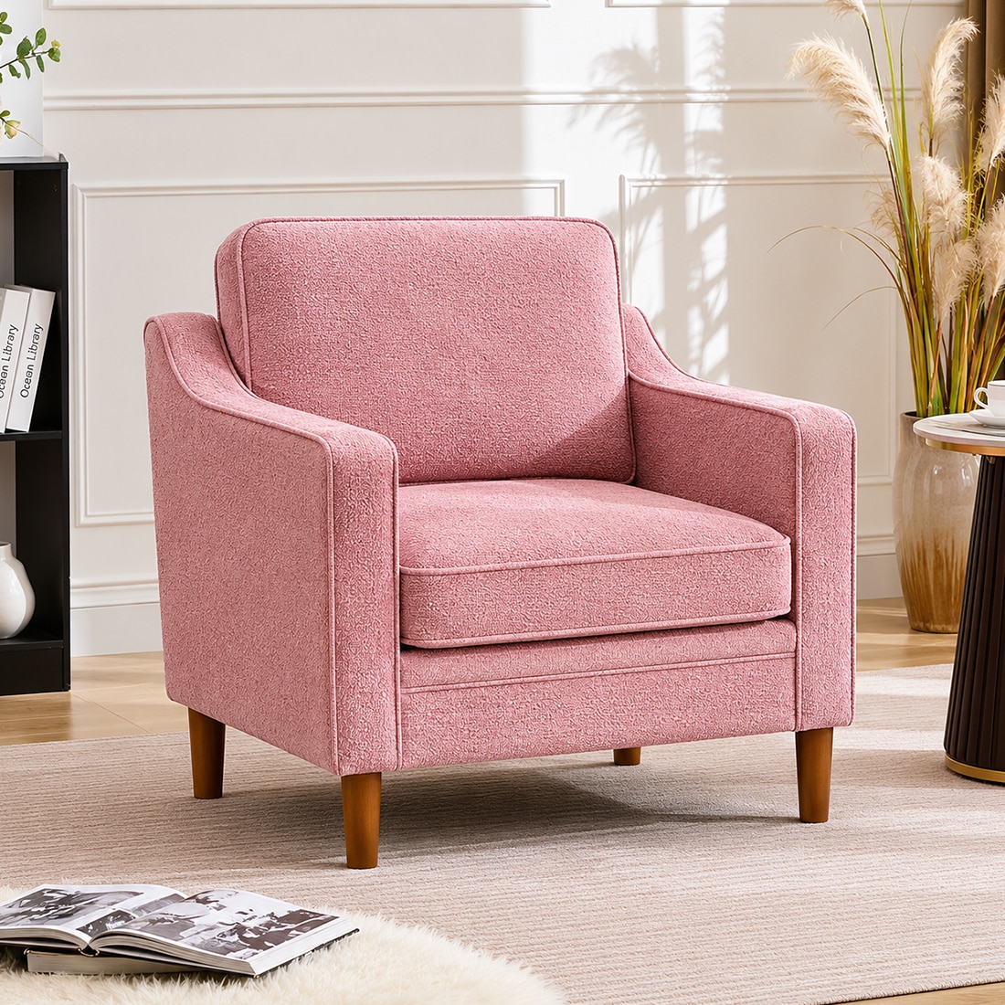 Menta Boucle Fabric Lounge Chair in Pink Colour - KURSIWALLAH