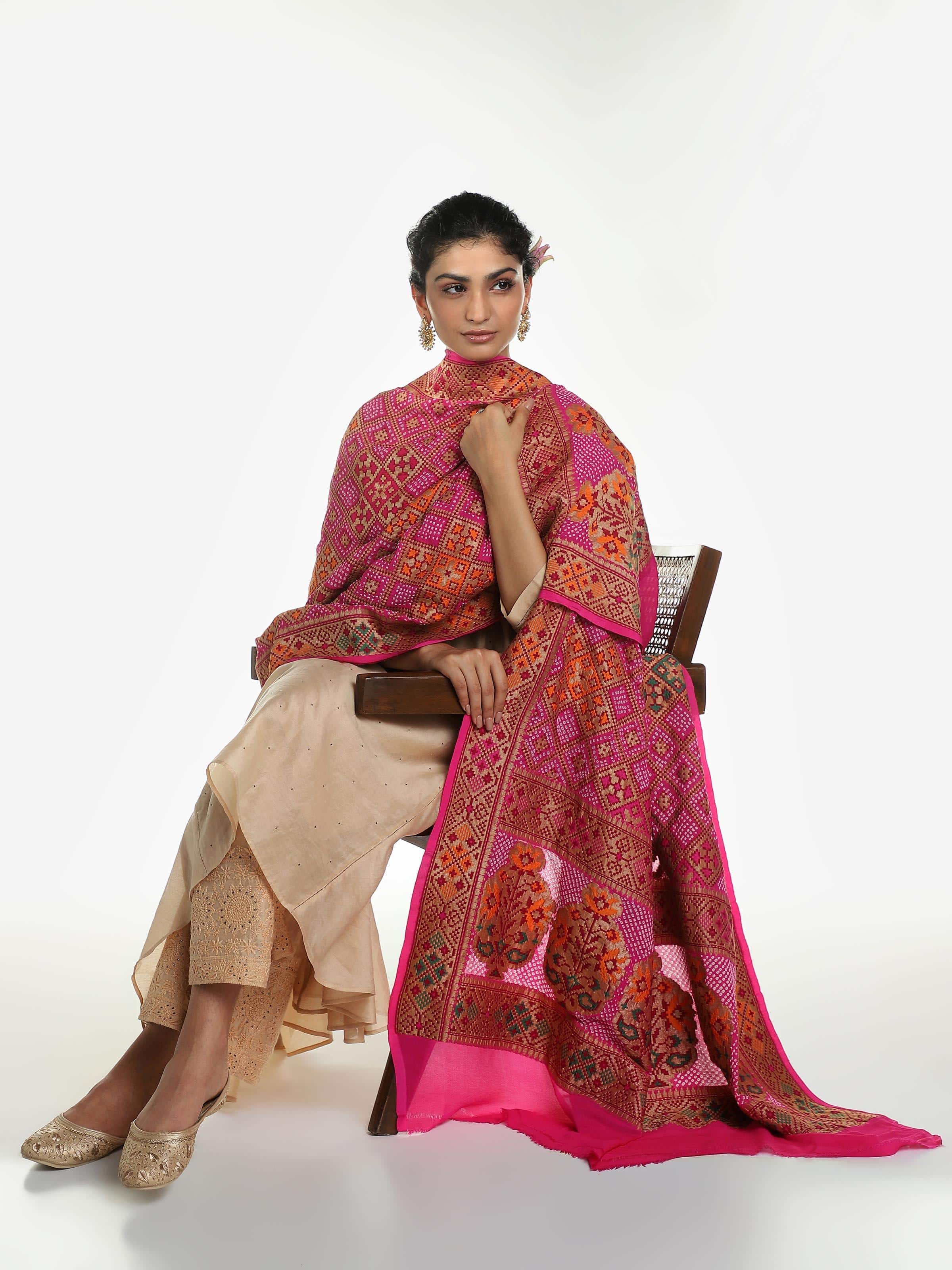 Pink Banarasi Crepe Bandhani Tie & Dye Dupatta