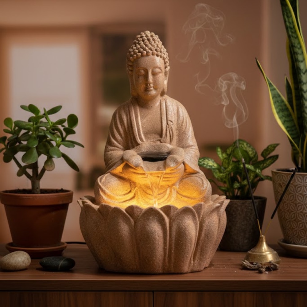 Beige Fiber Fegan Glass Lotus Buddha Indoor Water Fountain - Expleasia