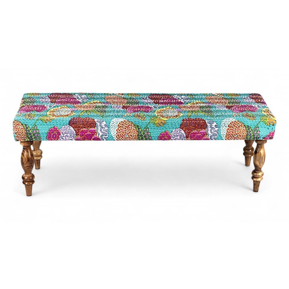 Cairo Solid Wood 2 Seater Bench In Floral Print Green Kantha Fabric
