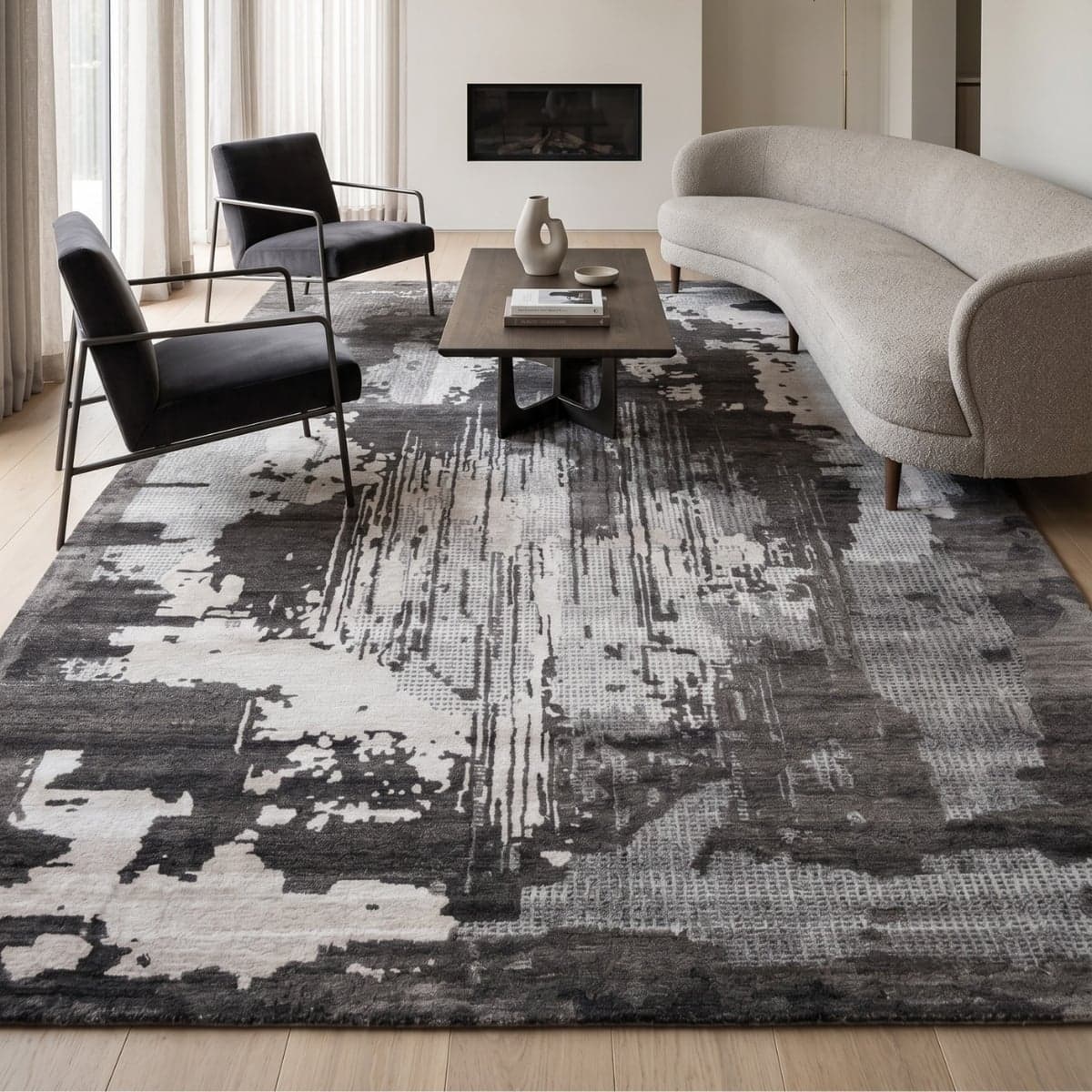 Grey Charcoal Wool Silk Handmade Area Rug for Living Room 10x14