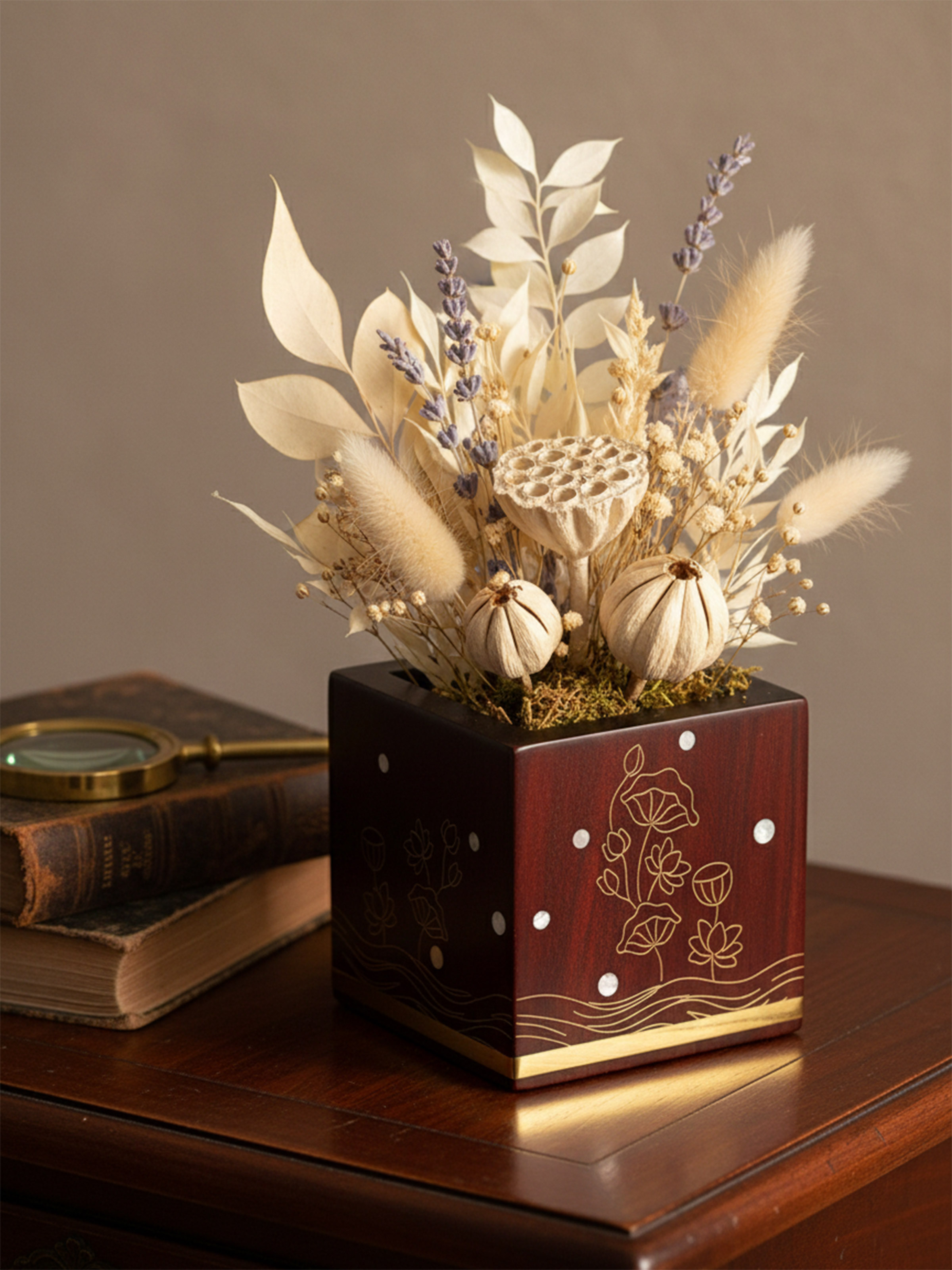 Kamal Tarkashi Teak Wood Dry Flower Pot
