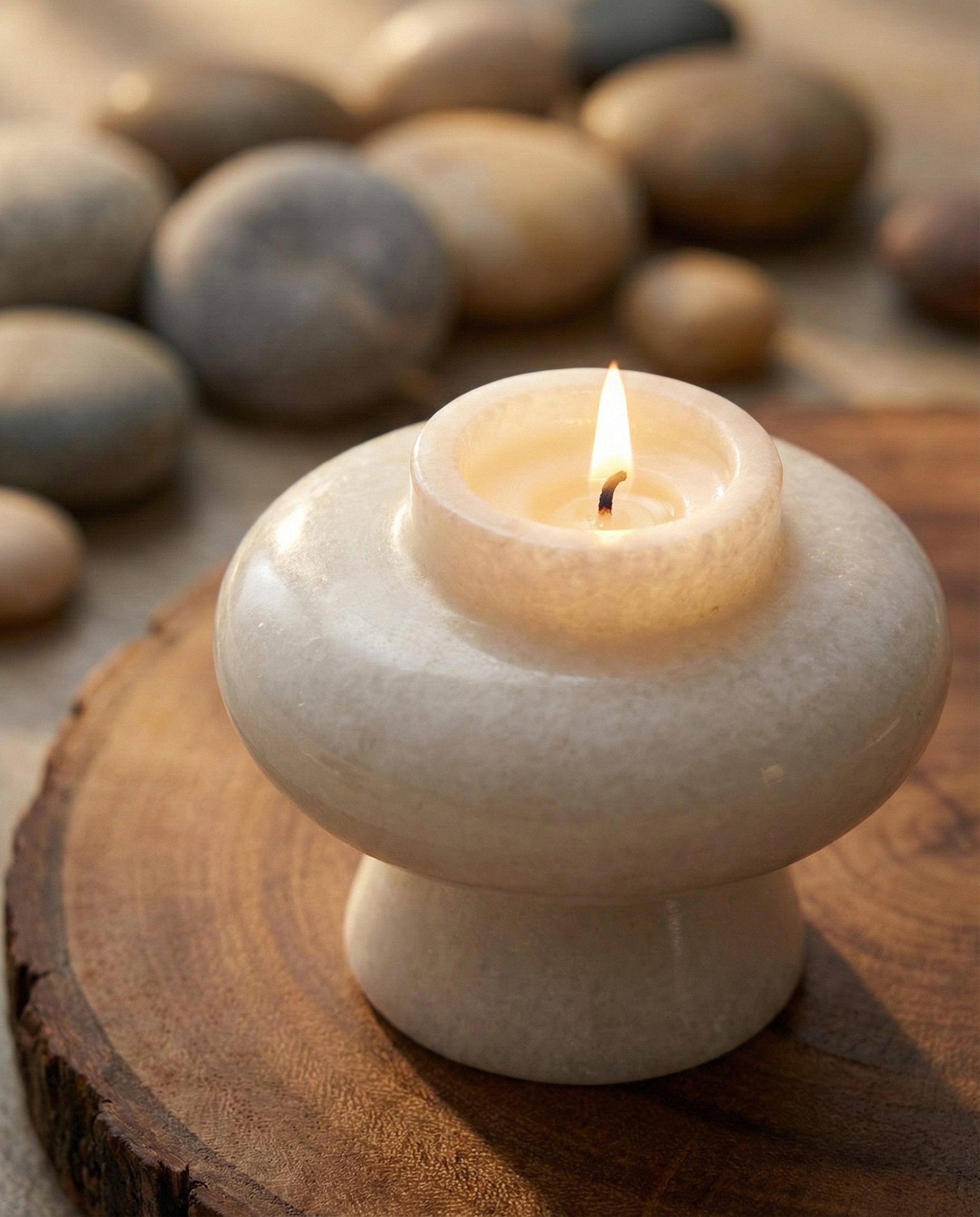 Lifestyle view of Carved Marble T-light Holder White Color