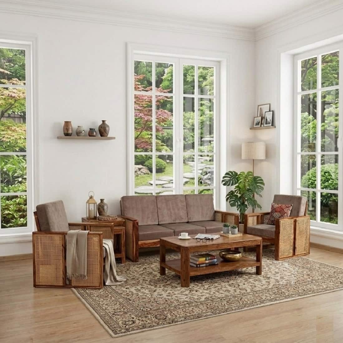 Ritik Solid Wood 5 Seater Rattan Designed Sofa Set In Natural Teak Finish - Demiwall