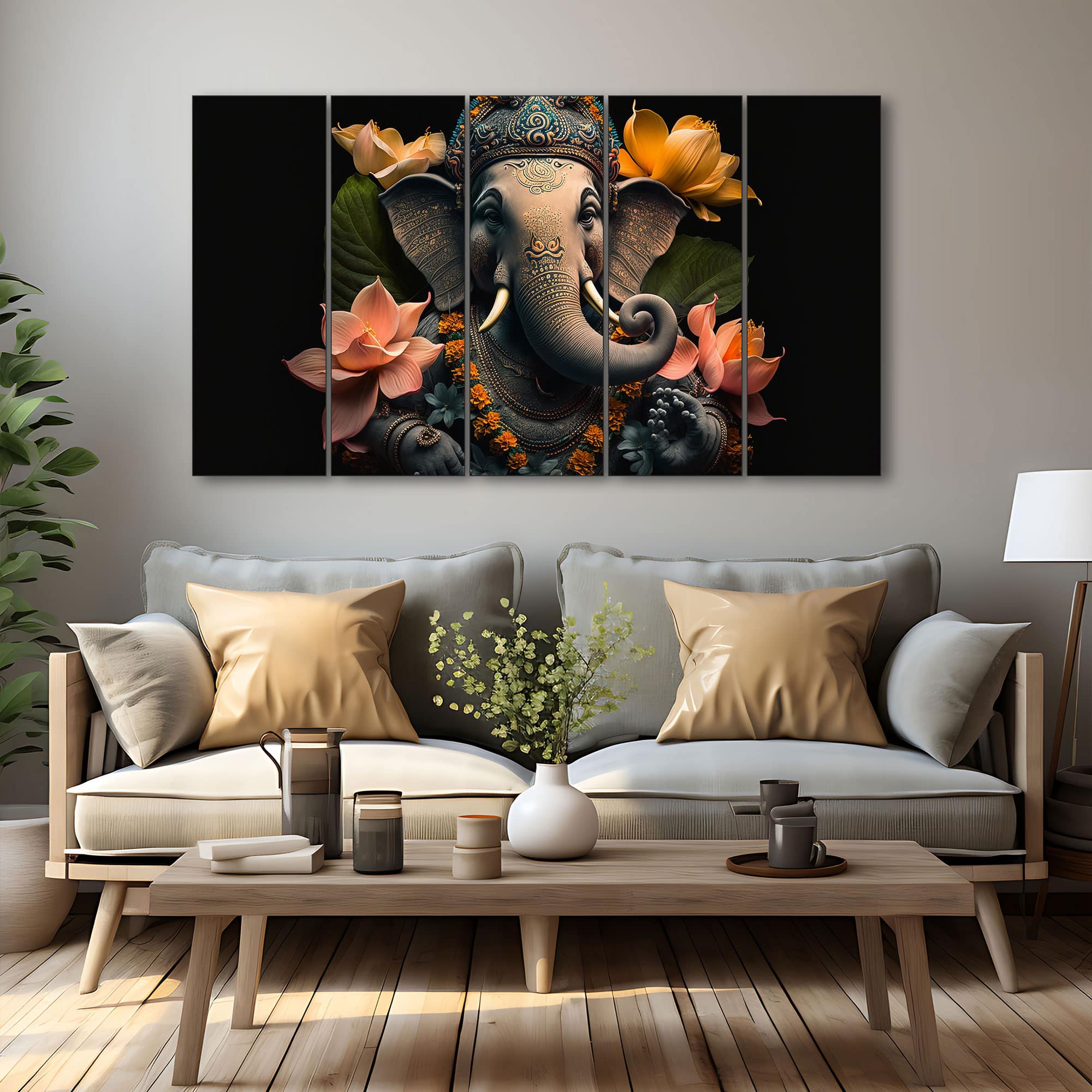 The Castle Decor Lord Ganesha Wall Painting Wooden Framed 27x48 Inch (Style 11) - The Castle Decor