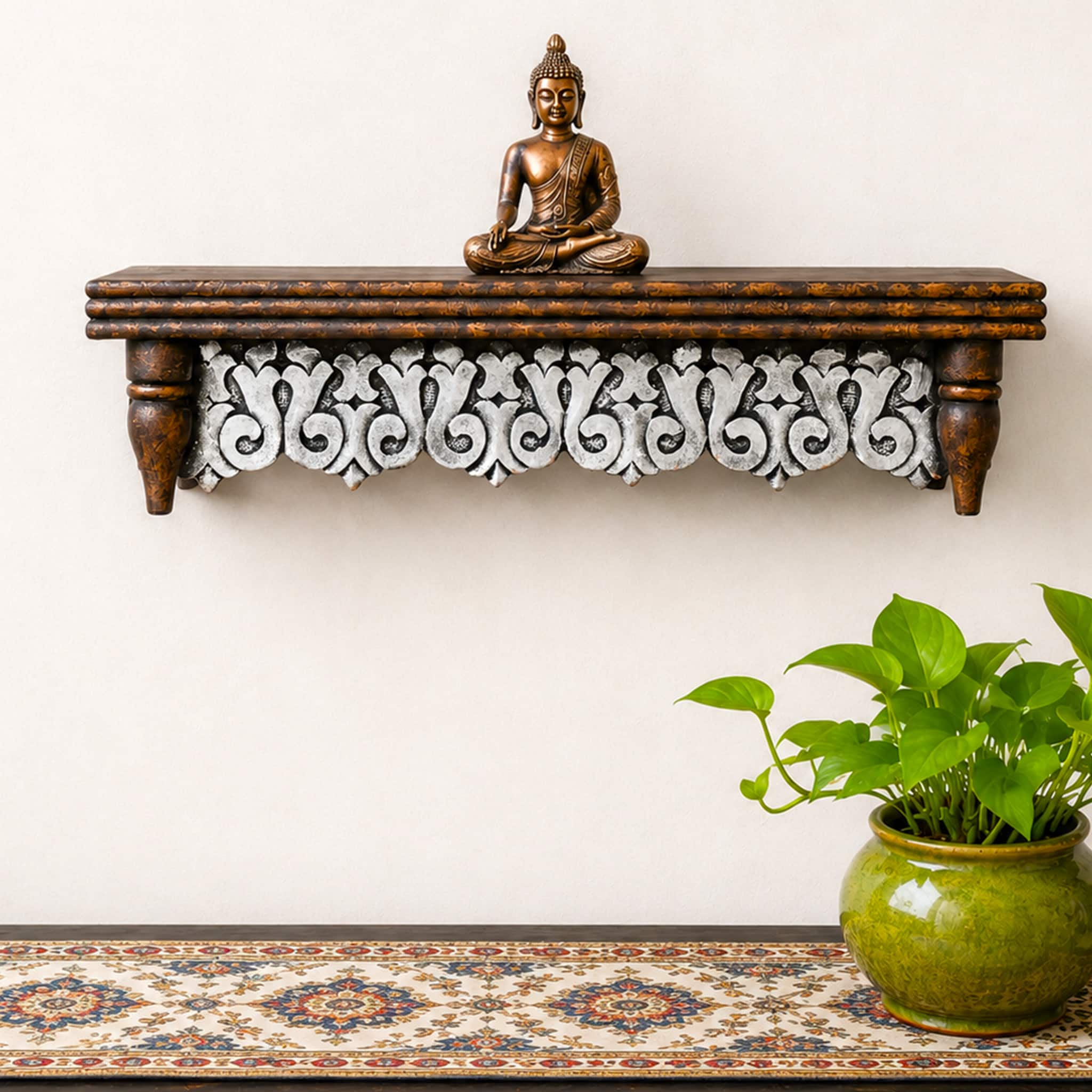 Multishade Colour Solid Wood Handcarved Rajat Floating Wall Shelf with distres finish by DisooFashions - Disoo Fashions