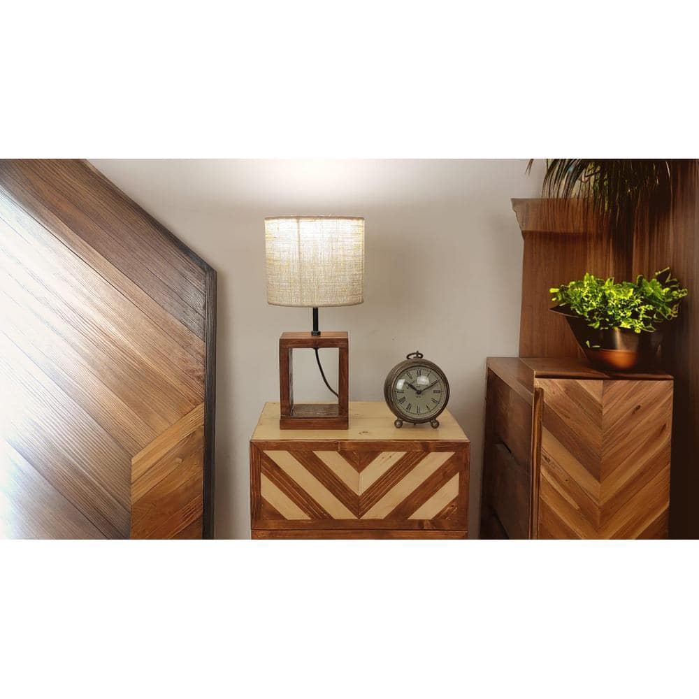 Moby Brown Wooden Table Lamp with Yellow Printed Fabric Lampshade