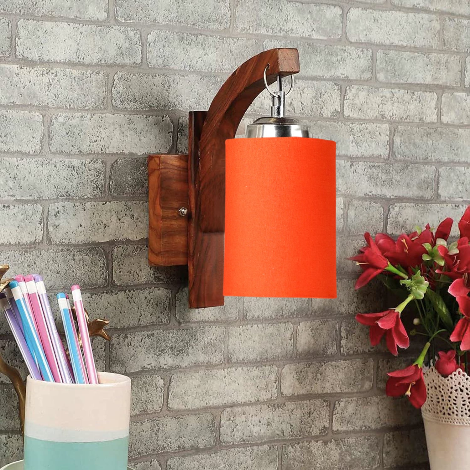 Devansh Solid Wood Electric Wall Light in Brown Colour with Orange Shade Count of 1 Light - Devansh