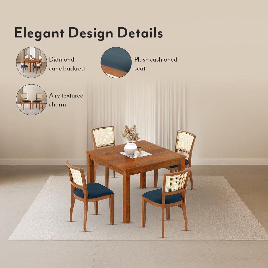 Reed Solid Wood Dining Chair Set Of 2 In Finish Amber Walnut And Colour Night Blue Velvet