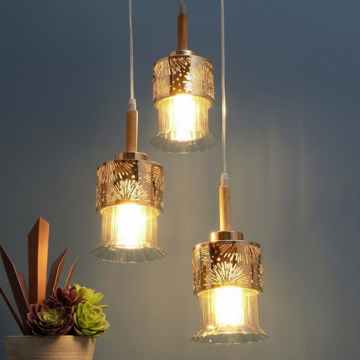Eliante Hanging Light, 3 Bulb, Champaign Glass Shade, Mild Steel Pendant Lighting - Eliante