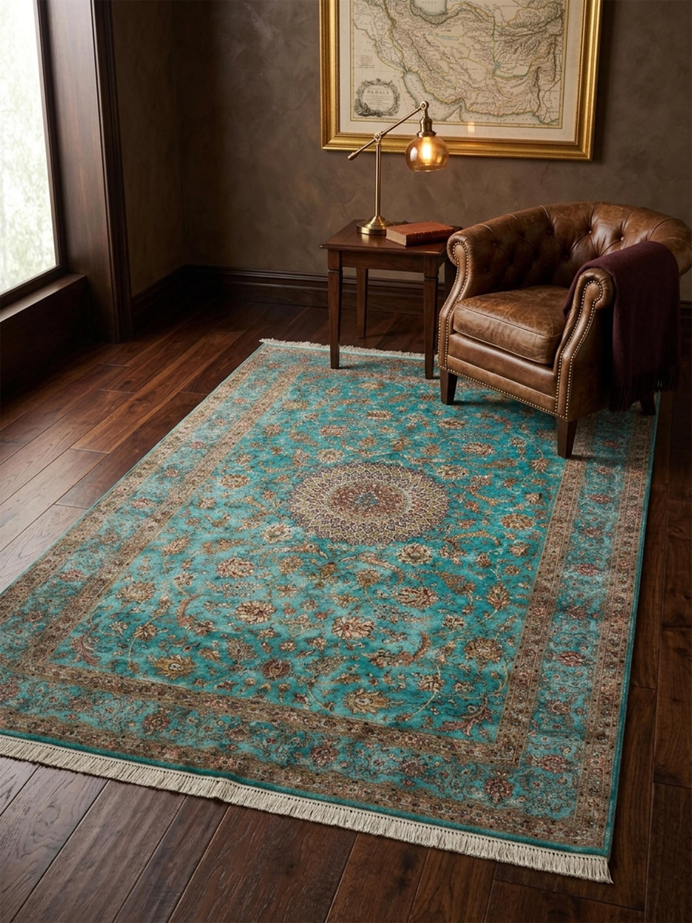 Traditional Tabriz Blue Kashmir Silk Hand-Knotted Carpet