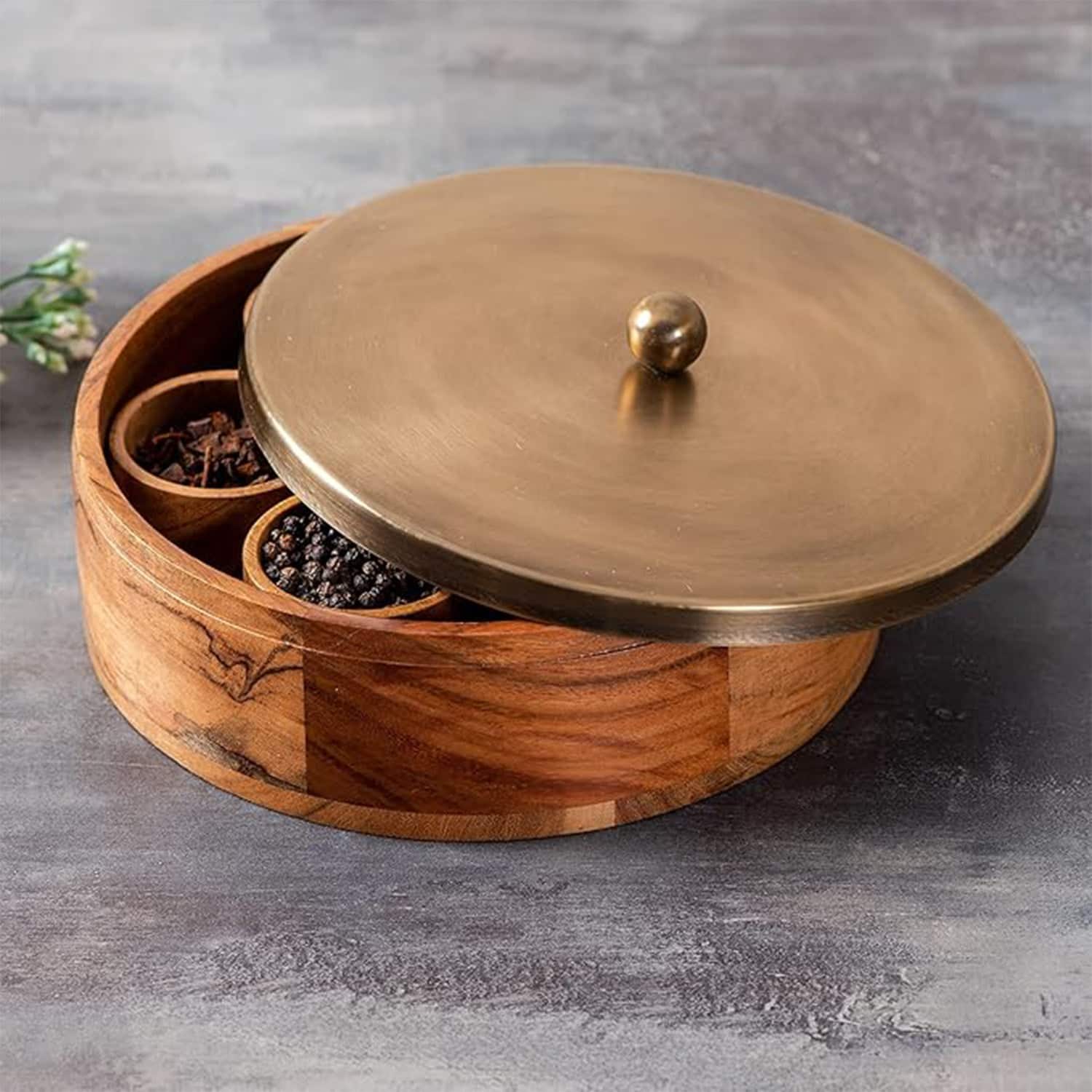 Classic Acacia Wood Masala Box Gold