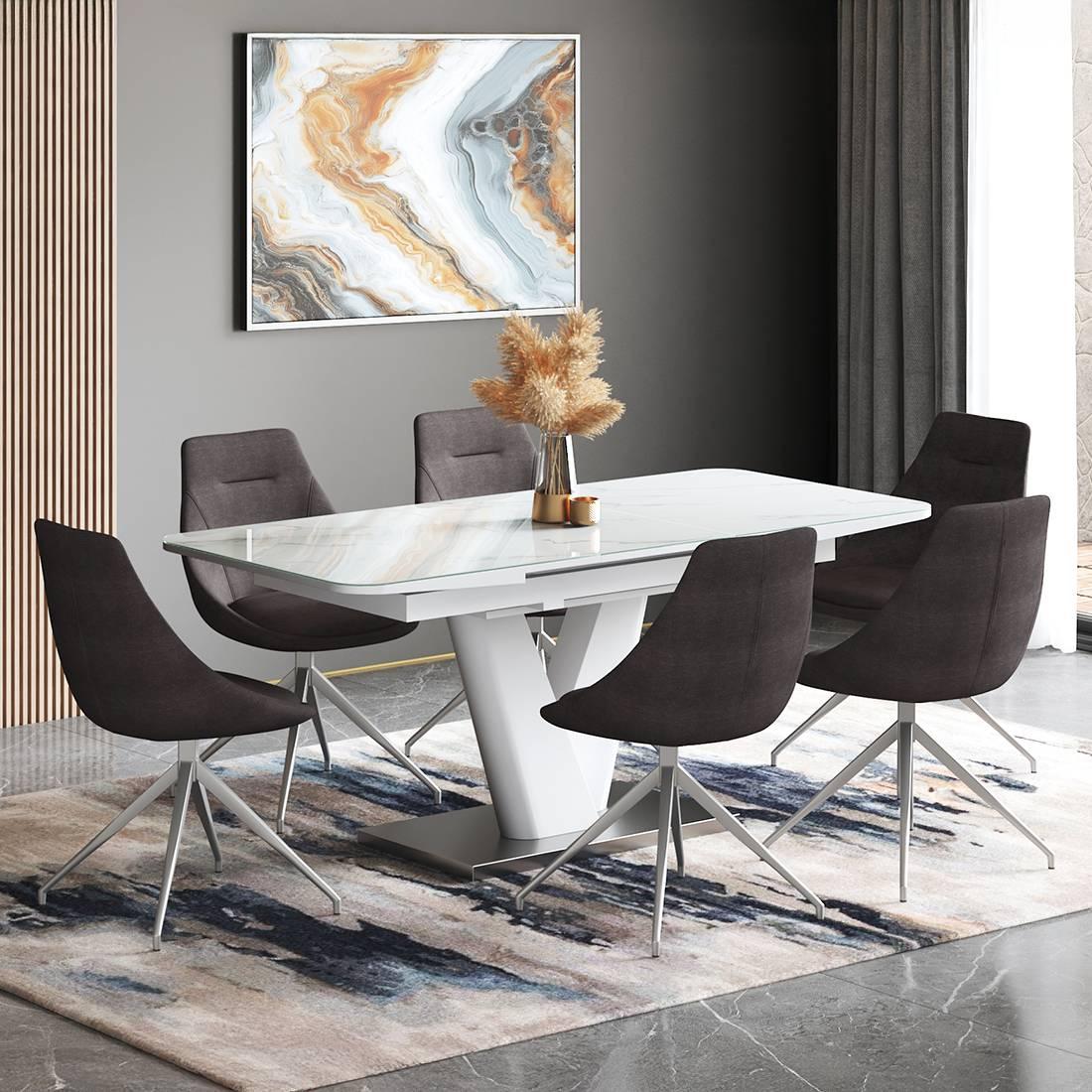 Caribu 4 To 6 Extendable Dining Table With Set Of 6 Doris Swivel Accent Chairs (Colour- Dark Grey, Finish- White High Gloss)