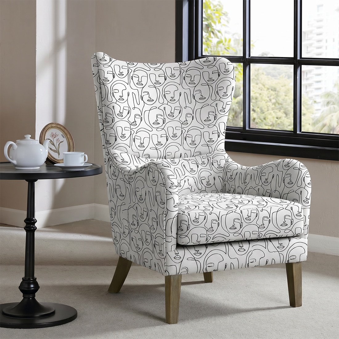 Carolina Printed Human Canvas Fabric Wing Chair in White Colour - KURSIWALLAH
