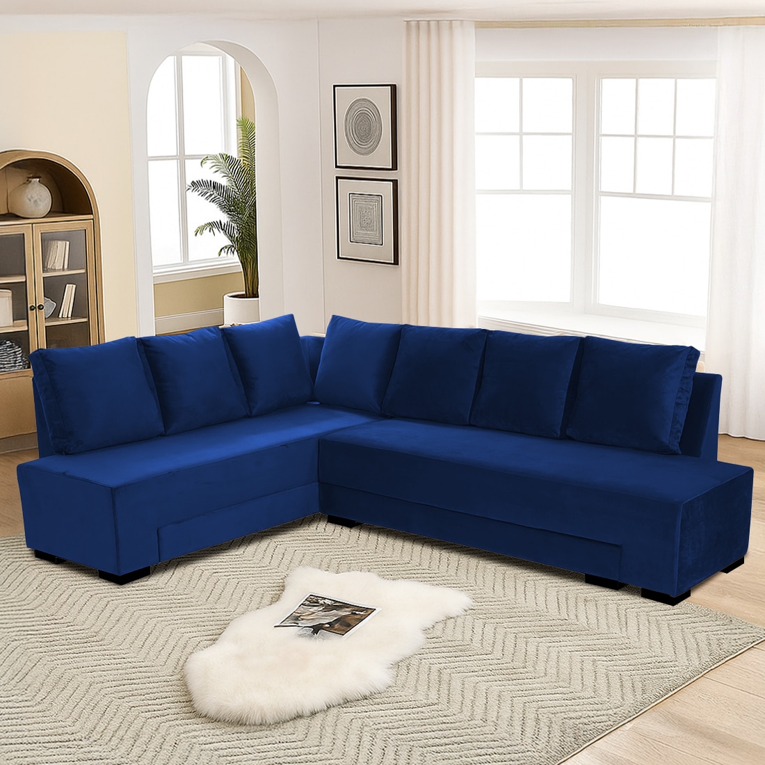 Melo 3 Seater Left Sectional Velvet Sofa Cum Bed in Navy Blue colour