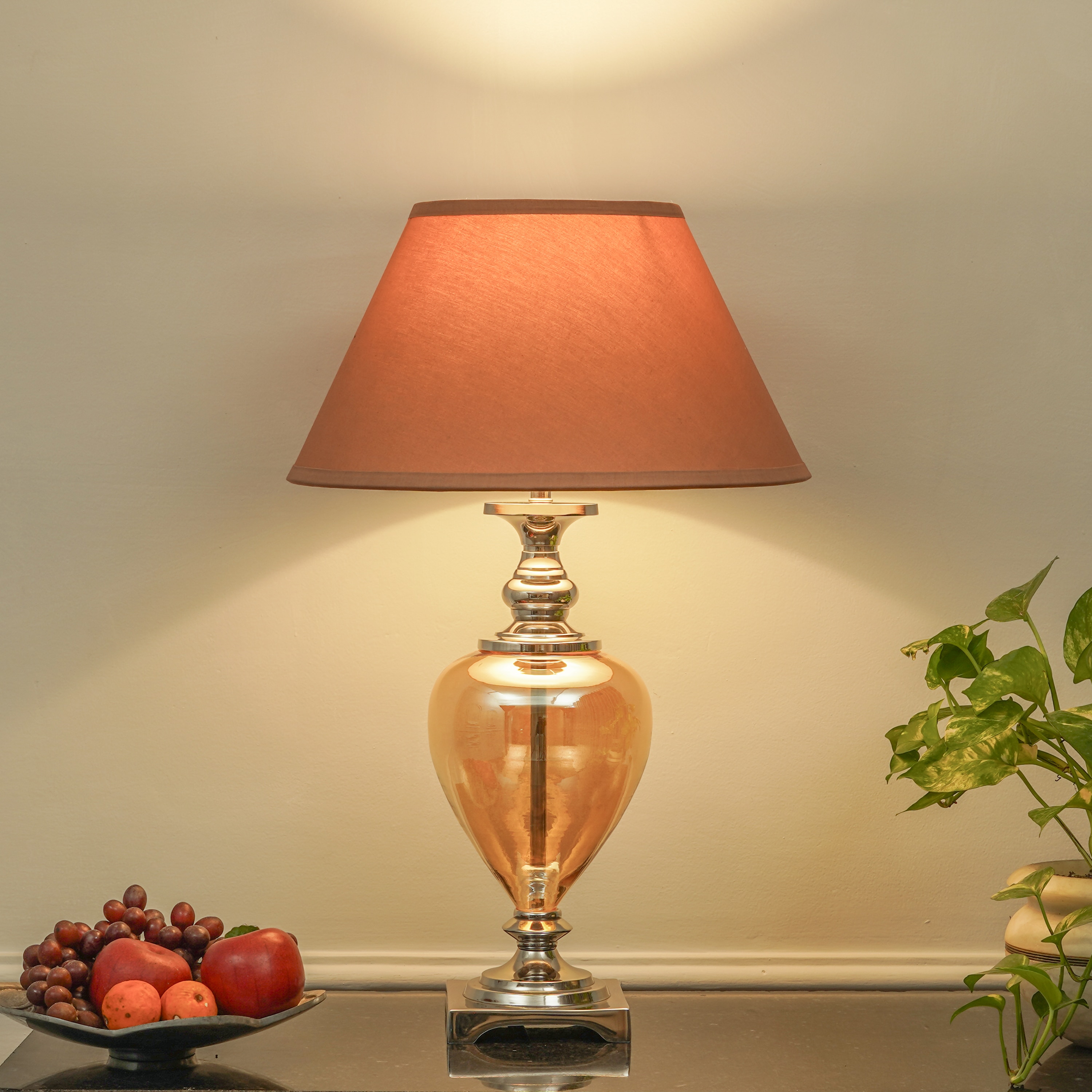 Hinton Amber Glass And Nickel Finish Metal Table Lamp With Beige Cotton Shade