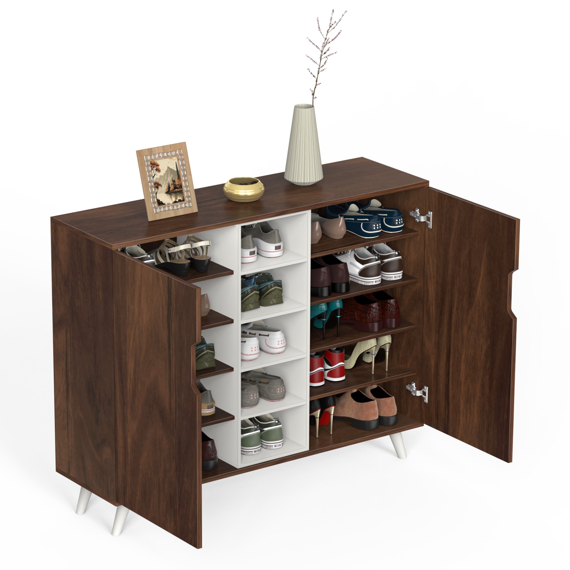 BLUEWUD Furlyn Engineered Wood Dual Tone 2 Doors Shoe Rack Cabinet Slipper Footwear Stand Organizer with Handle Less Desgin & 5 Closed Shelves can Store Up to 25 Pairs for Home (Brown Maple & White)