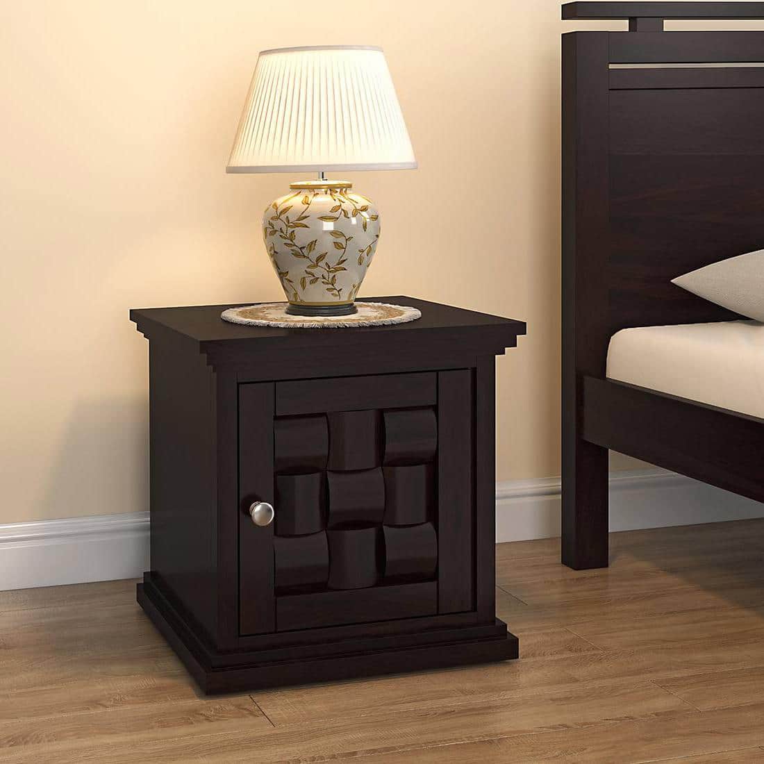 Weave Solid Wood Bedside Table in Mahogany Finish